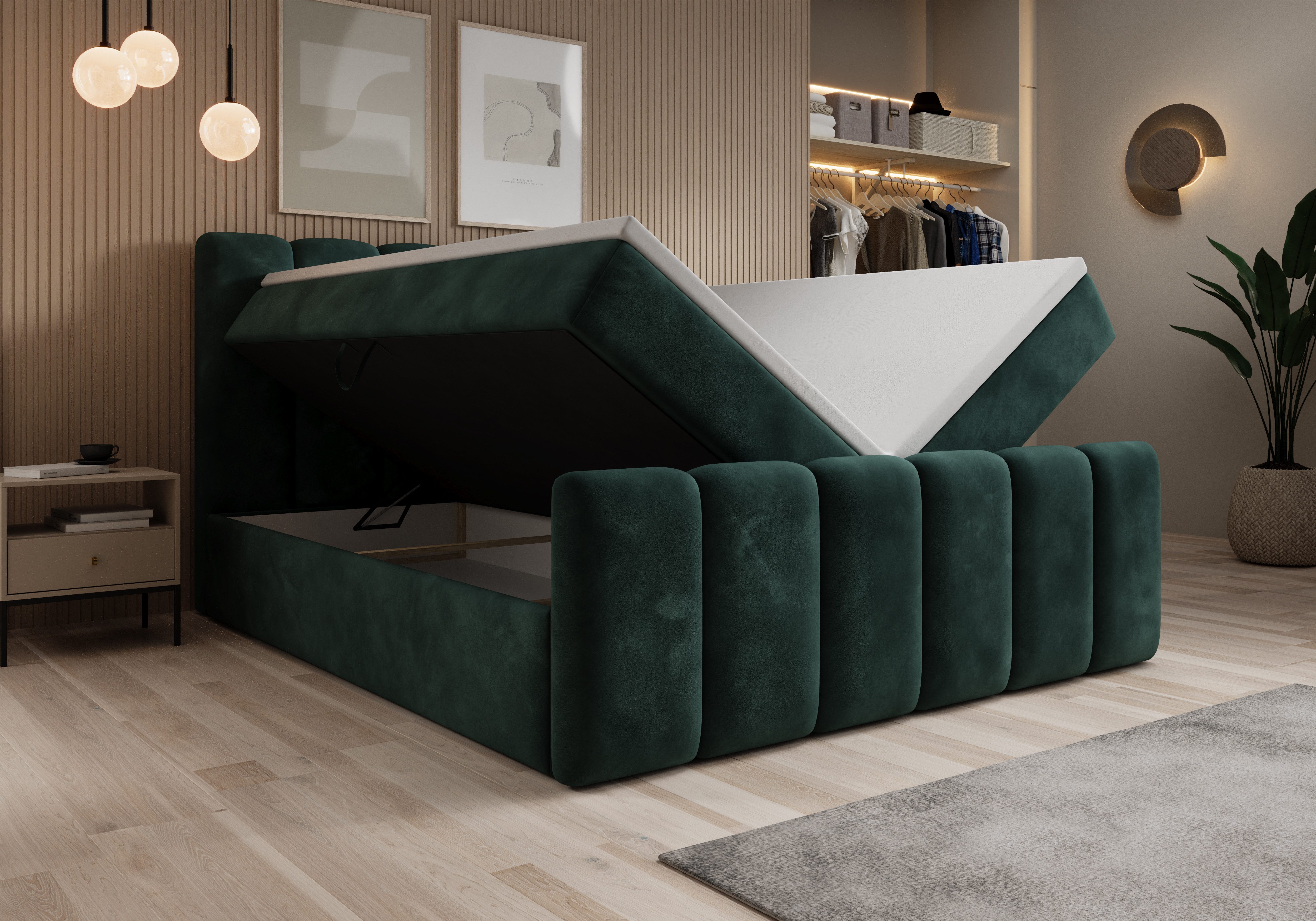 thematys Boxbett mit Bettkasten 140x200–200x200 cm – Velours oder Bouclé Bezug – (Polsterbett Bonnellfederkern Matratze H3 + Gratis 3cm Topper, Boxbett - Luxus  – Bild 3 von 5