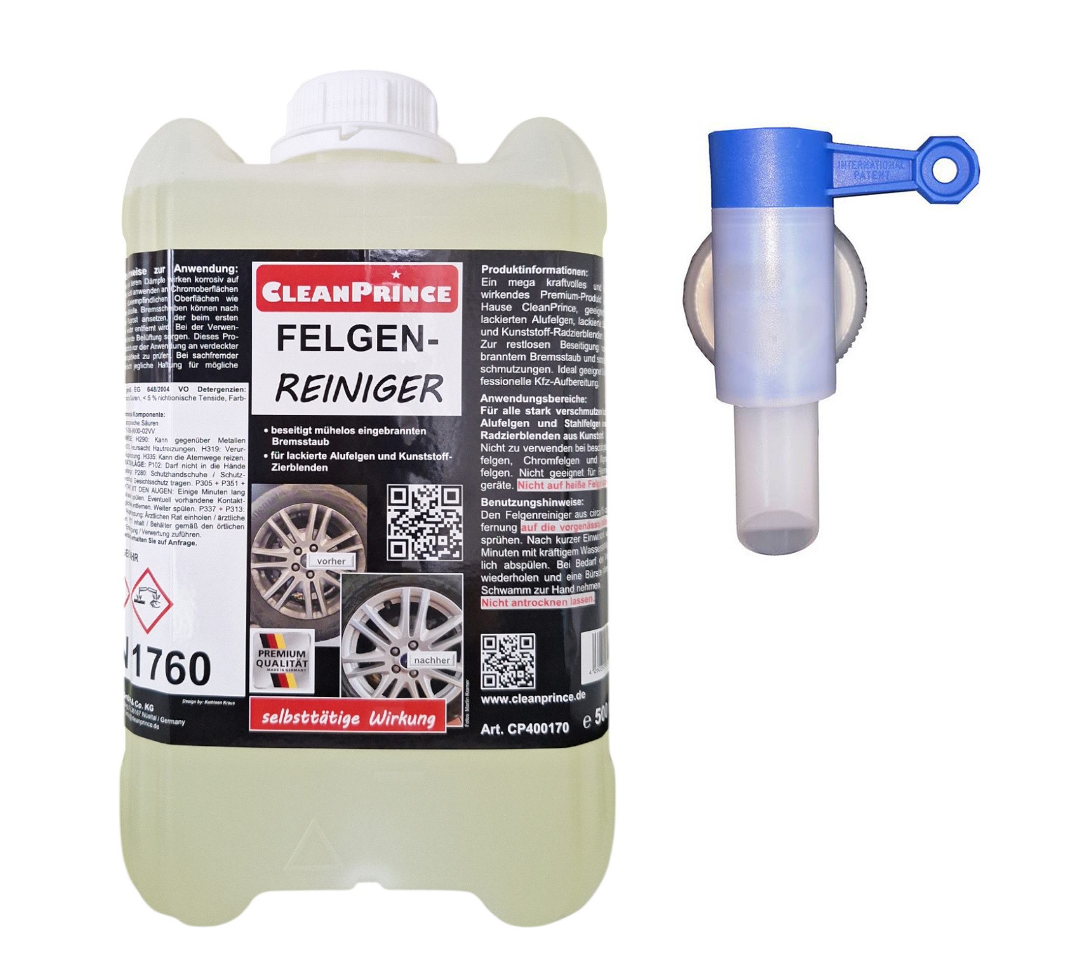 CleanPrince Felgenreiniger gebrauchsfertig, selbsttätig mega stark Felgenreiniger (Zapfhahn nur bei 5 L Abgabe) für Alufelgen, Stahlfelgen, Kunststoff-Zierblenden)