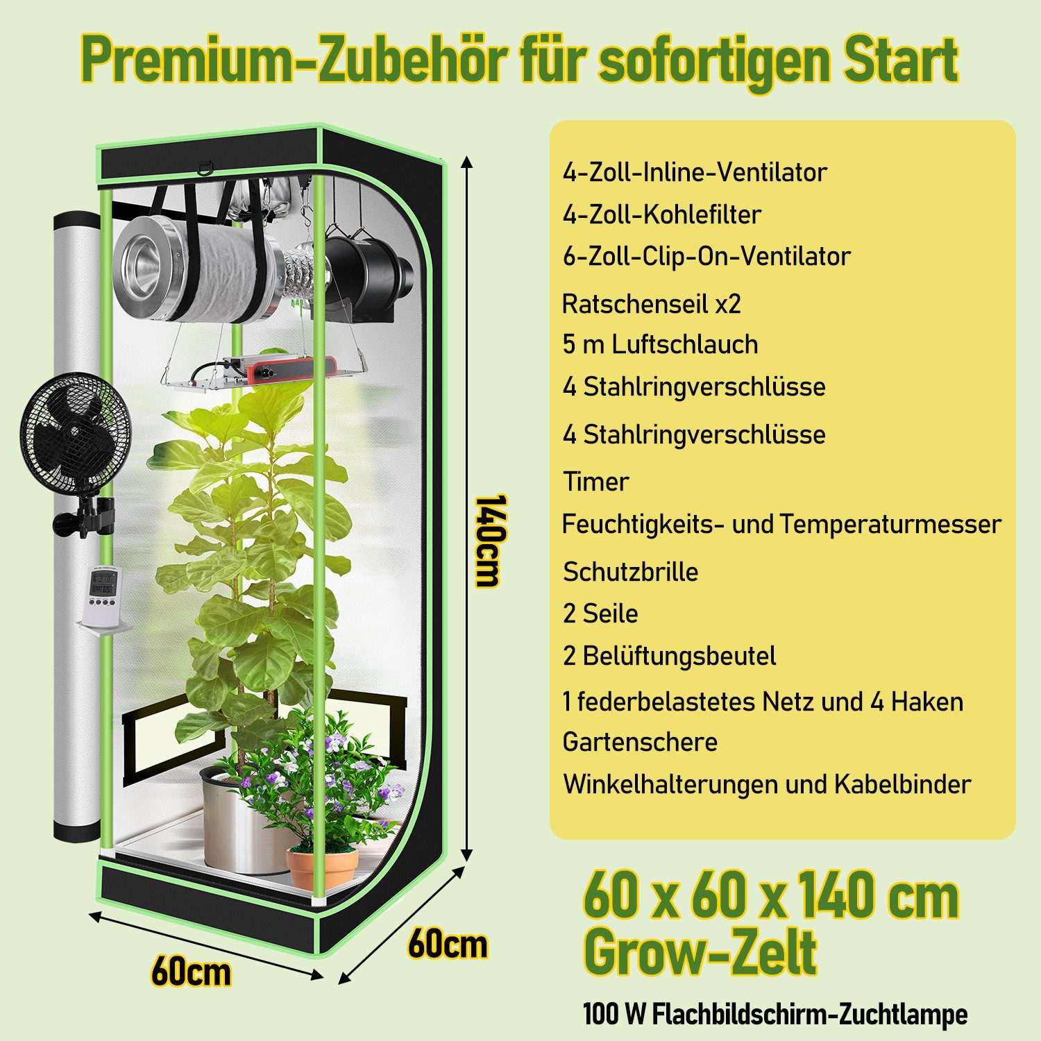 Clanmacy Gewächshaus Growbox Komplettset Indoor mit LED, Lüfter & Filter