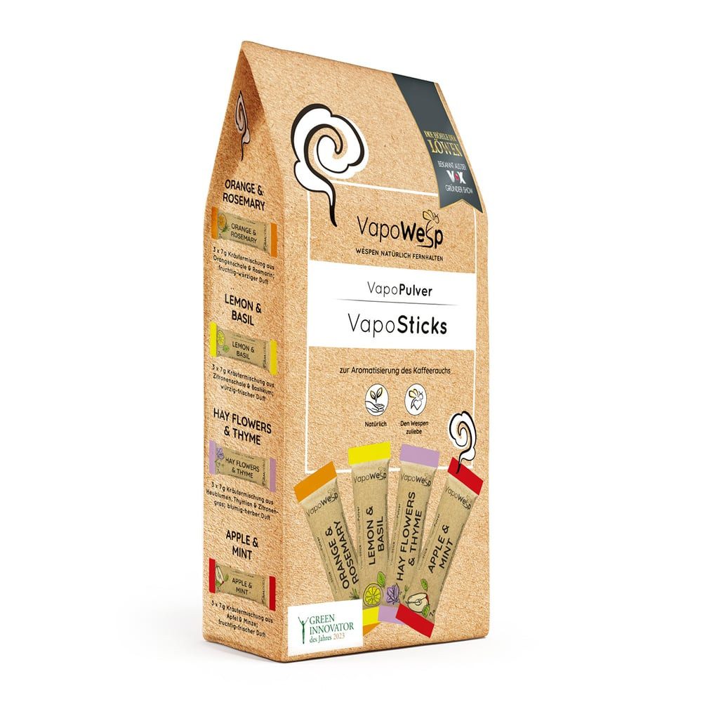 VapoWesp Wespennestattrappe VapoSticks mit allen Sorten zum Mitnehmen (4 Sorten (12x je 7 g), (4-St), Räucherbox im Lieferumfang nicht enthalten