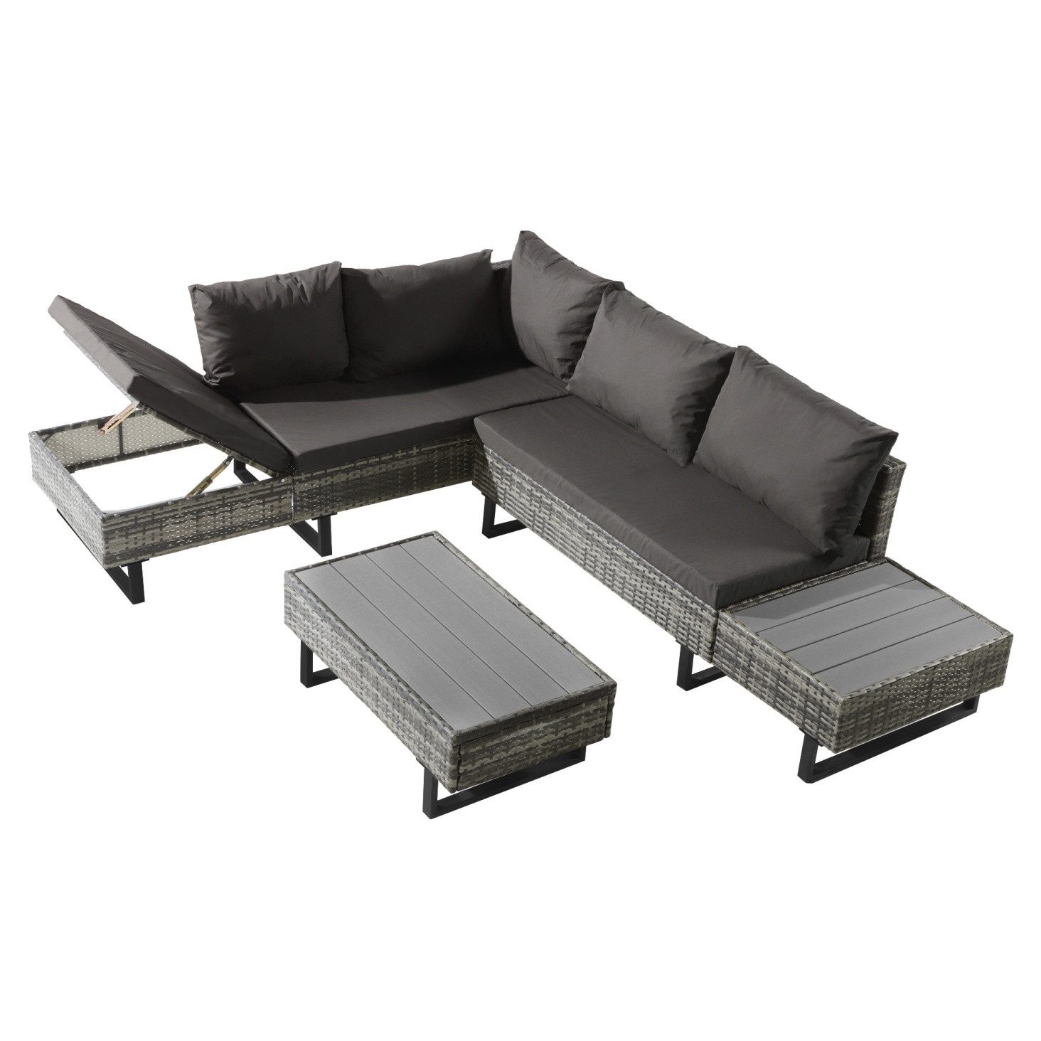 IDEASY Gartenlounge-Set Gartengarnitur Lounge-Set mit Ecksofa und Tisch für 4-5 Personen, (abnehmbarer waschbarer Bezug, Hochwertiges PE-Rattan & Stahlrahmen), 5-stufige Verstellung bis 50°, Stuhlbelastbarkeit 150 kg