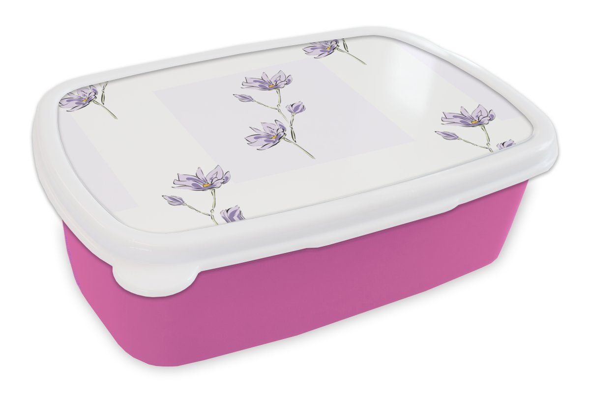 MuchoWow Lunchbox Blumen - Lila - Muster, Kunststoff, (2-tlg), Brotbox für Erwachsene, Brotdose Kinder, Snackbox, Mädchen, Kunststoff rosa