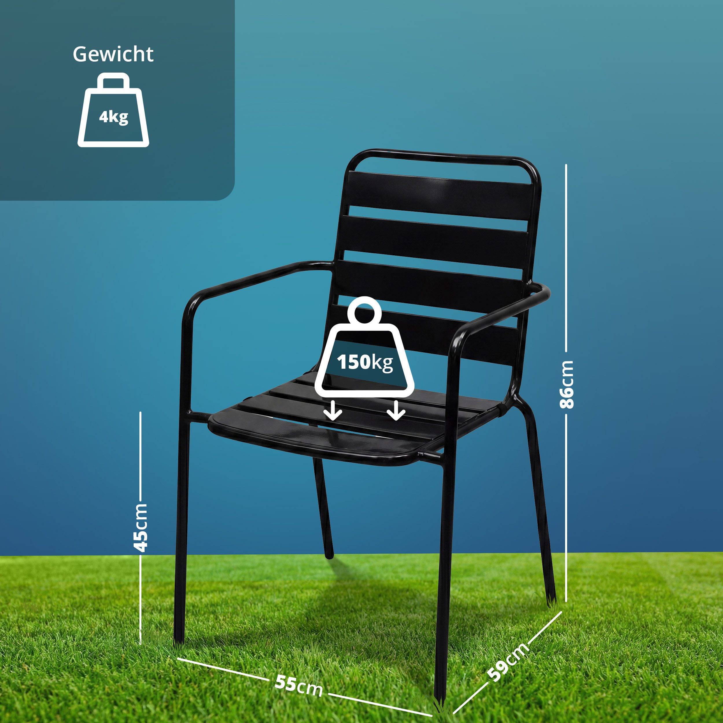 KHG Gartenstuhl mit Armlehnen Anthrazit stapelbar, bis 150 kg belastbar (Outdoor Stapelstuhl), aus Stahl mit wetterfester E-Coating-Beschichtung – Bild 4 von 5