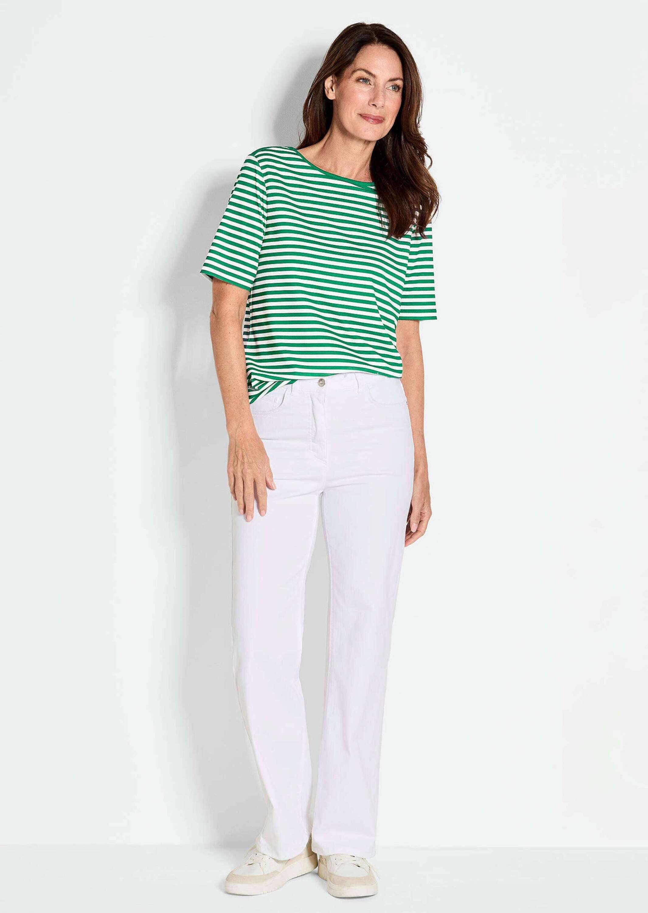 GOLDNER T-Shirt Kurzgröße: Stilvolles Streifenshirt für Damen Basicshirt mit U-Boot-Ausschnitt, Streifenmuster, aus Jersey