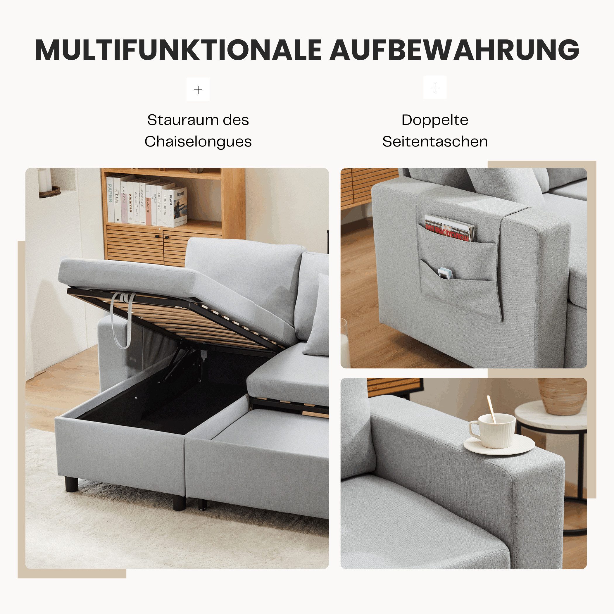 SeedWave Schlafsofa Leinenstoffen Schlafsofa für 3-4 Personen, Ecksofa und Bett in Einem, Polstersofa mit Chaiselongue, Seitenfach und Stauraum