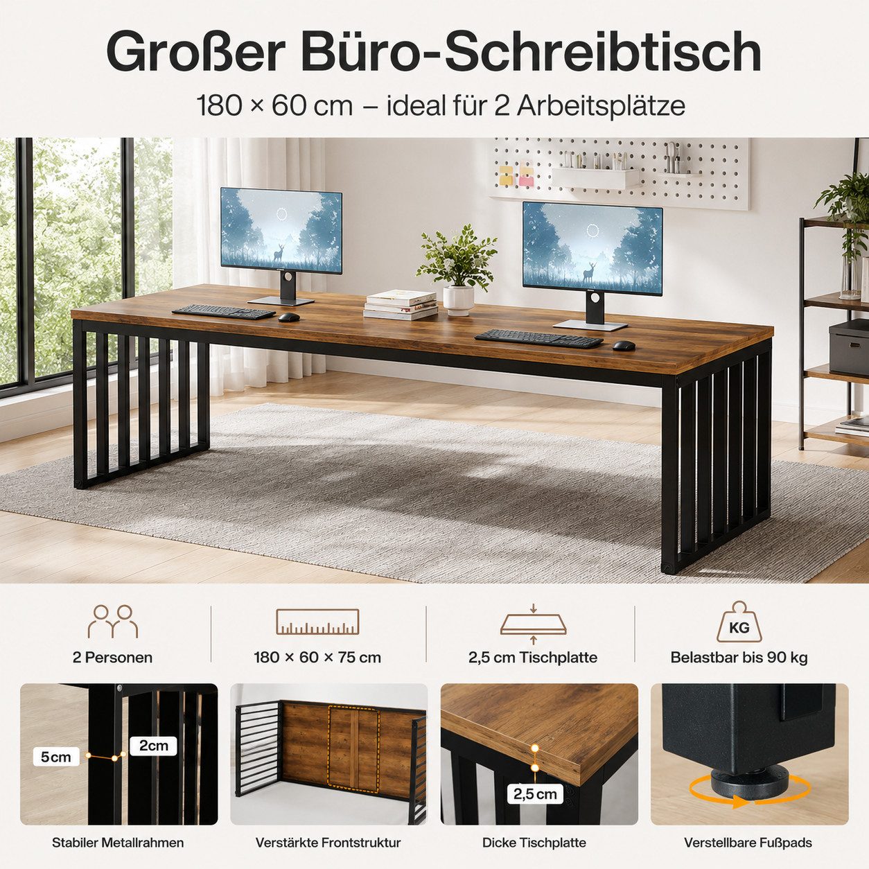 Celya Schreibtisch 180cm Zwei-Personen-Schreibtisch, langer Executive-Schreibtisch (Doppel-Computertisch)