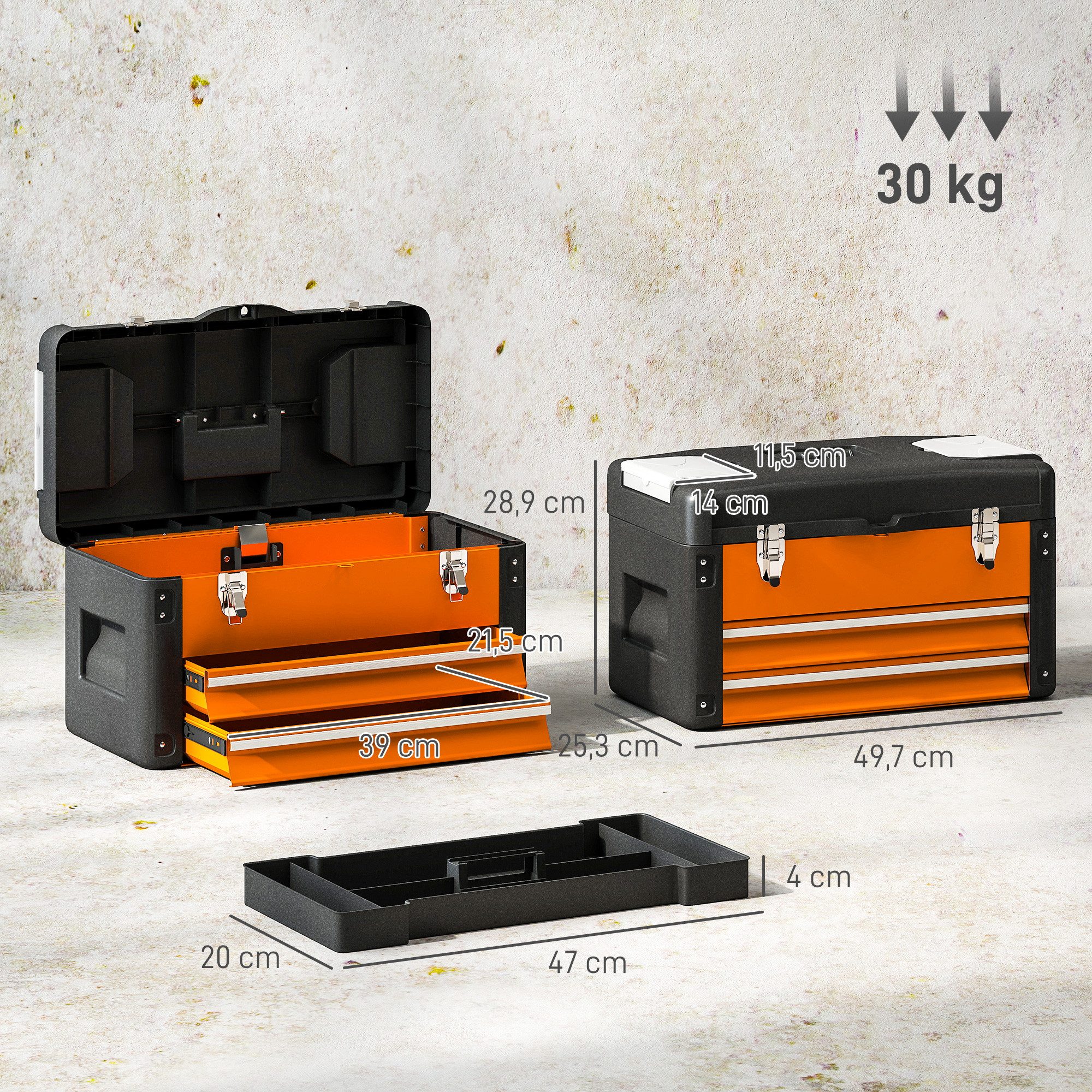 HOMCOM Werkzeugbox Werkzeugkoffer leer, robust Werkzeugkasten mit Fächer (Werkzeugkasten, 1 St., leer Werkzeugkiste), 49,7 x 25,3 x 28,9 cm, aus Stahl, Orange