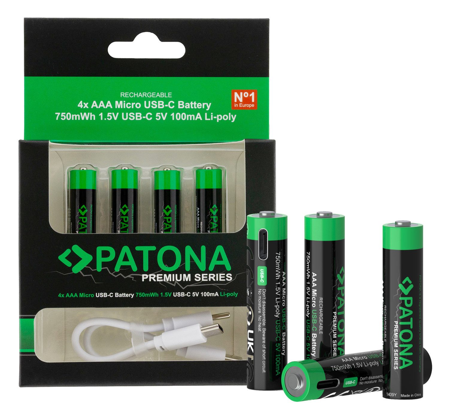 Patona 4 USB-C Premium AAA Akkus Lithium 750mWh Batterie, aufladbar mit 1 zu 2 USB-C Ladekabel (im Lieferumfang enthalten)
