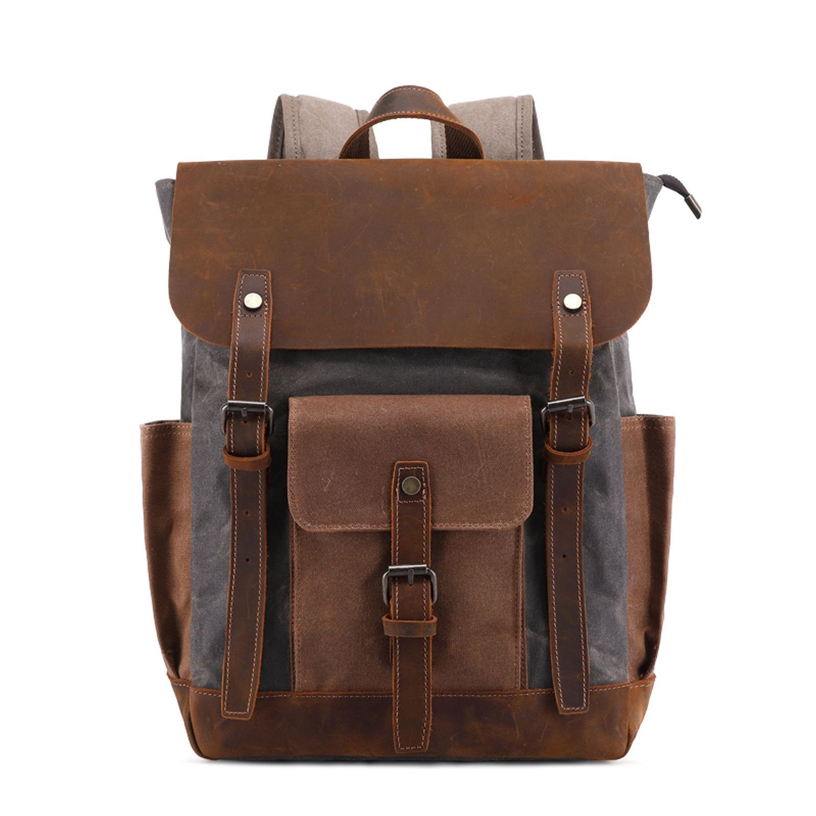 REDOM Laptoprucksack Rucksack Schulrucksack Lederrucksack Reiserucksack Schultertasche (Vintage Schultertasche Notebook Laptop Tasche Schule Uni Rucksack, Backpack mit Laptopfach, für bis 15,6-Zoll Laptop, Echtleder und Canvas), für Herren Damen Jungen Teenager Freizeit Arbeit Business Reisen