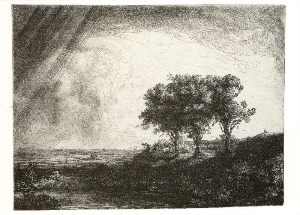 Postkarte Kunstkarte Rembrandt "Die Landschaft mit den drei Bäumen"