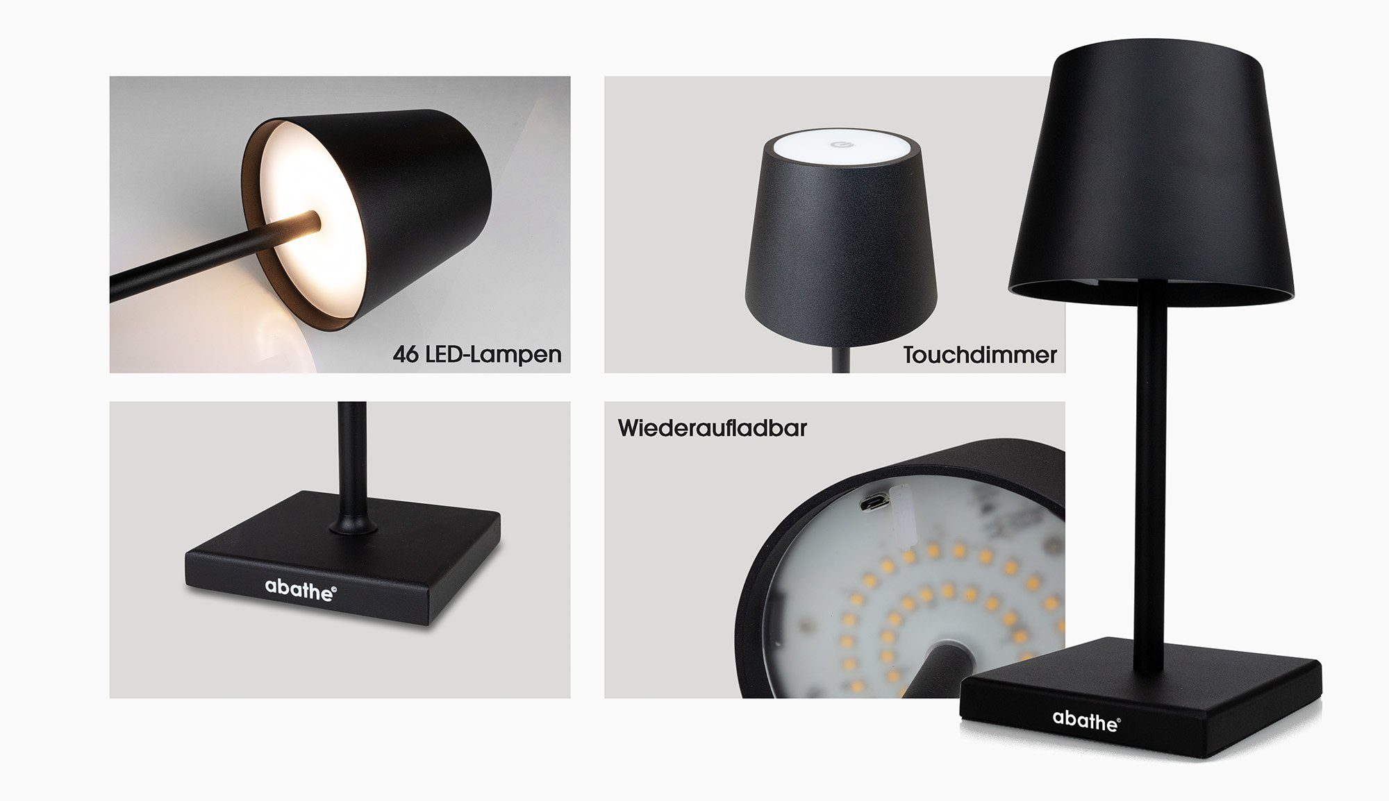 abathe LED Tischleuchte abathe LED-Akku Tischleuchte „classic“ mit USB in schwarz, LED fest integriert, Warmweiß, aufladbar, dimmbar, 25,5cm, IP54