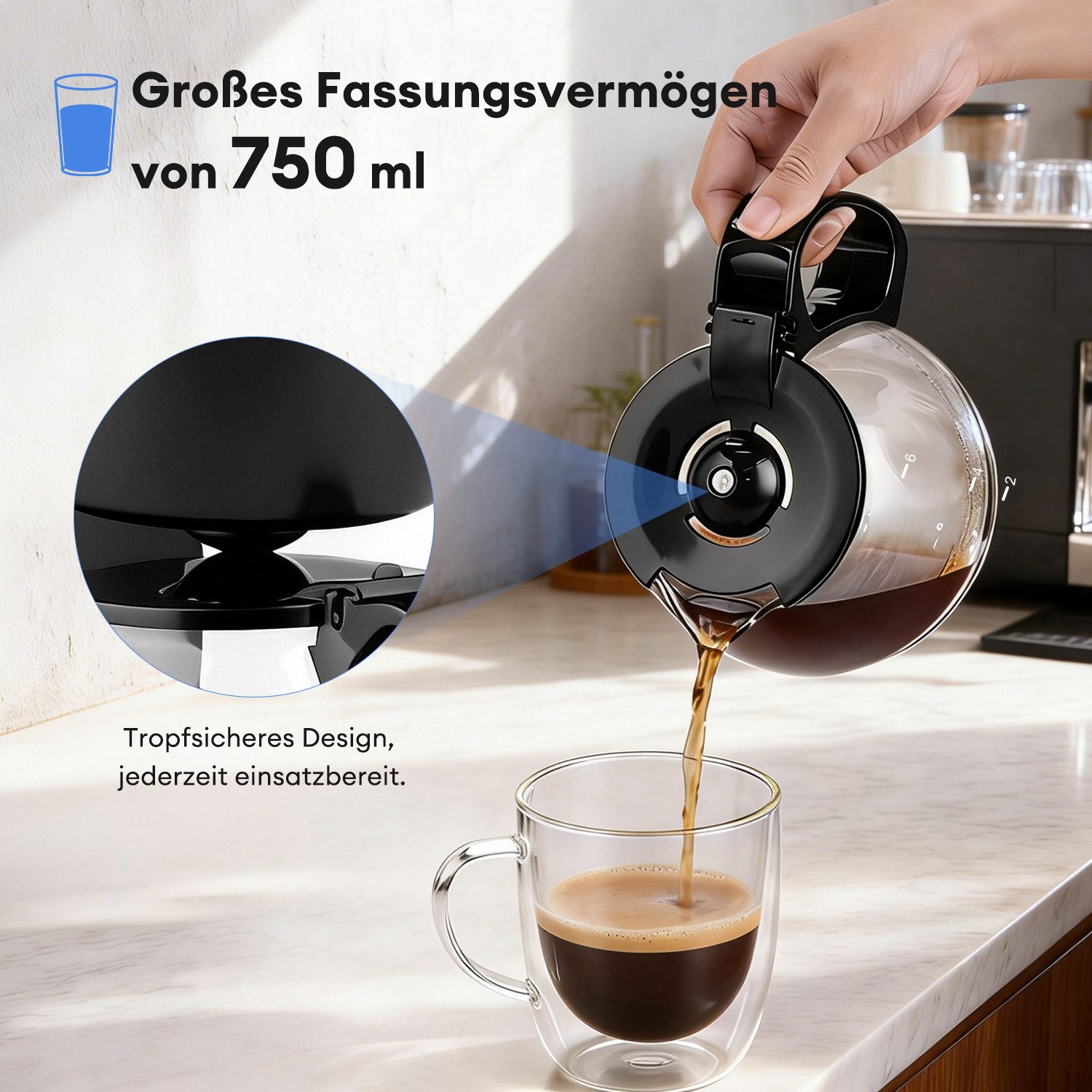 CkeyiN Pro Filterkaffeemaschine Kaffeemaschine 750 ml,Spülmaschinenfest, Wiederverwendbares Filterpapier