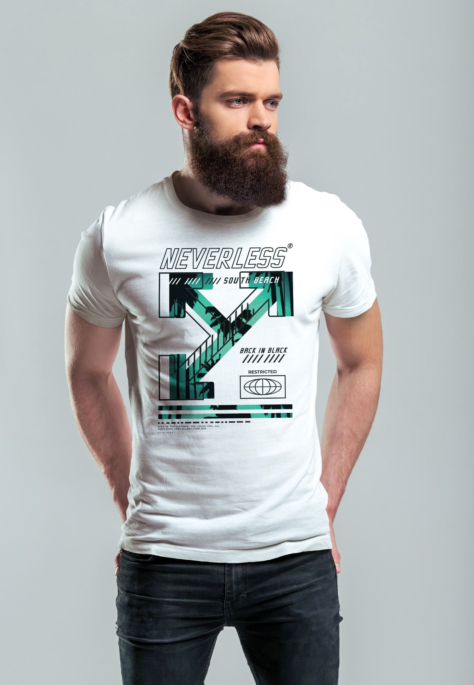 Neverless Print-Shirt weiß Beach South T-Shirt Techwear Fashion Text Street Aufdruck mit Print Herren Print