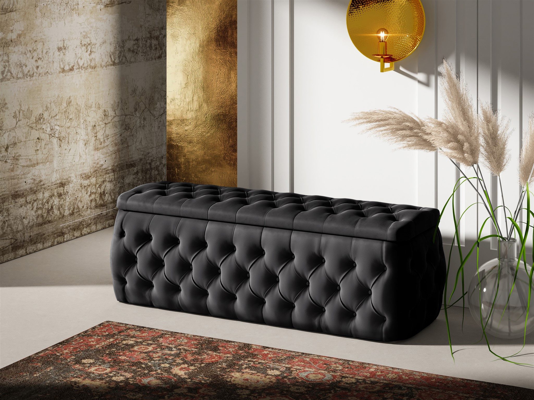 Fun Möbel Boxbett Schlafzimmerbett ERNESTO Nr.4 in Stoff Elisa Velvet (inkl. Topper, inkl. Bettkästen), inkl. 2 x Nachttisch mit Glasplatte, Polsterhocker und LED-Beleuchtung