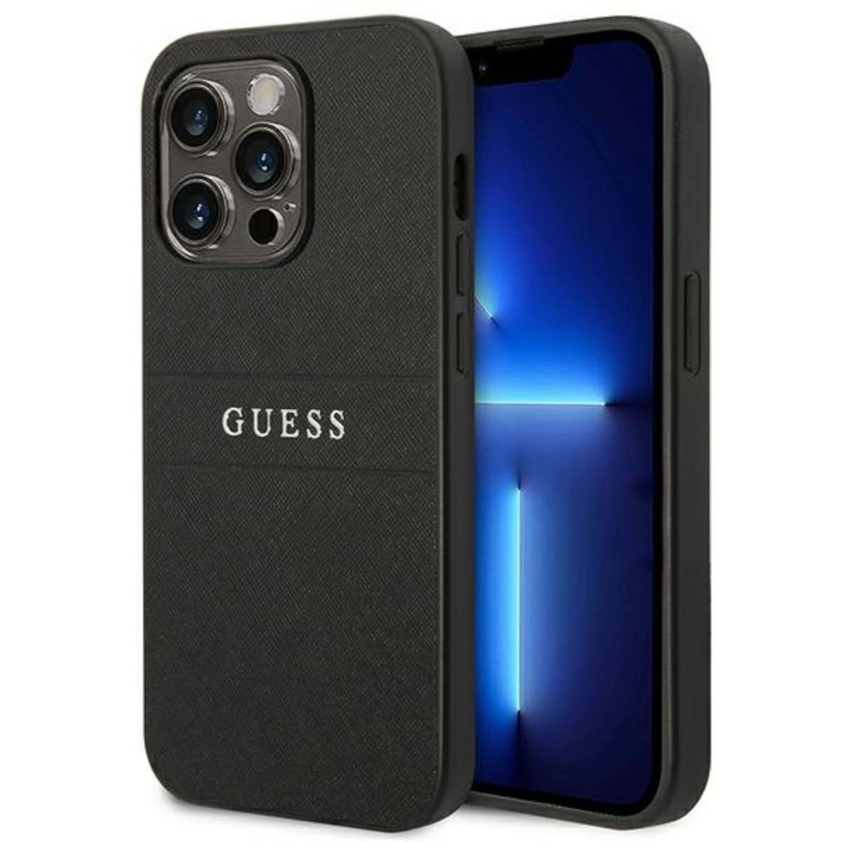 Guess Handyhülle Guess Saffiano Strap Collection Apple iPhone 14 Plus Hard Case Cover Schutzhülle Schwarz