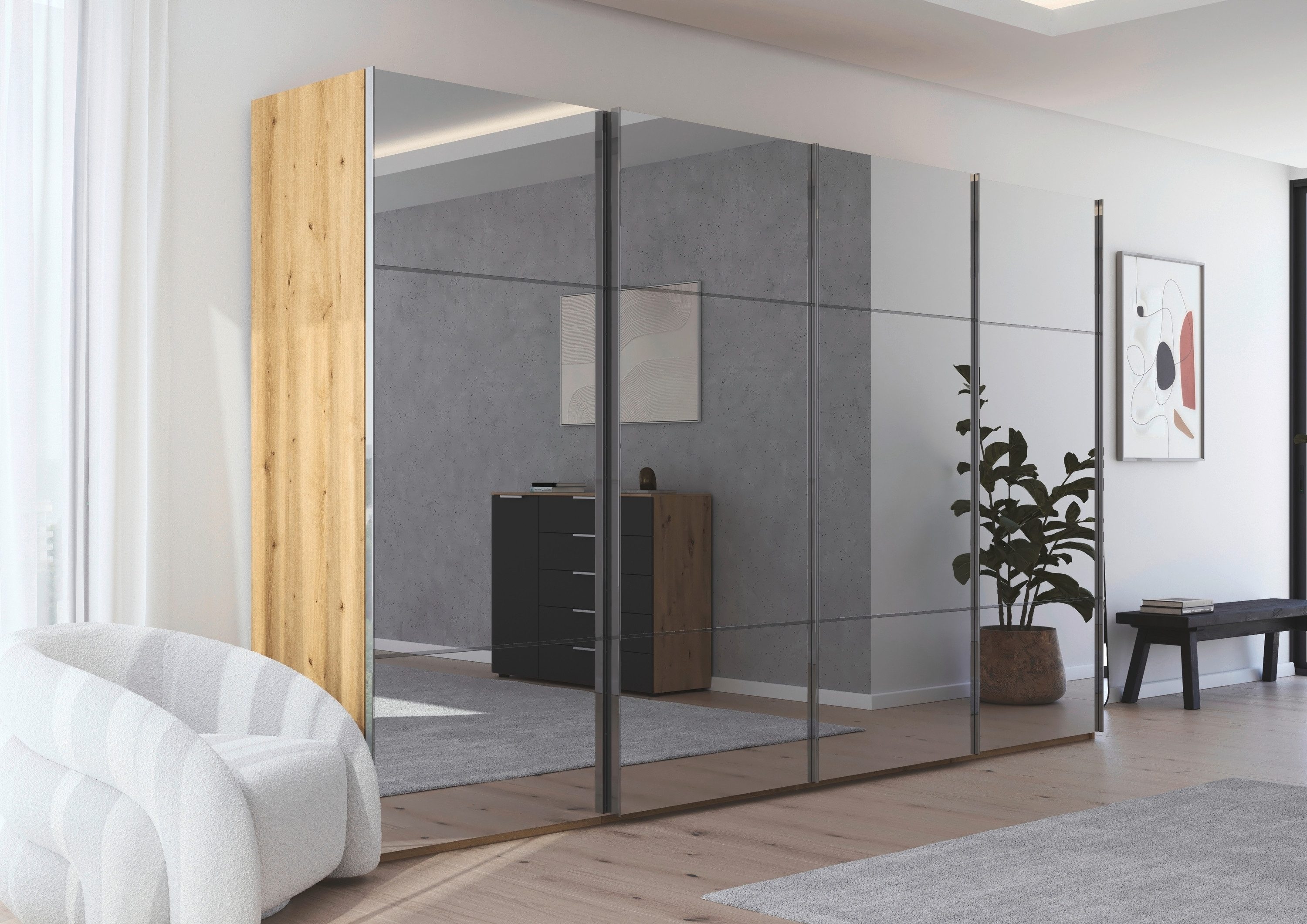 rauch Schwebetürenschrank Kleiderschrank Schrank Garderobe Schlafzimmerschrank SCALE-TRIO edle dreigeteilte Front mit 2 Zierleisten Spiegelfront MADE IN GERMANY