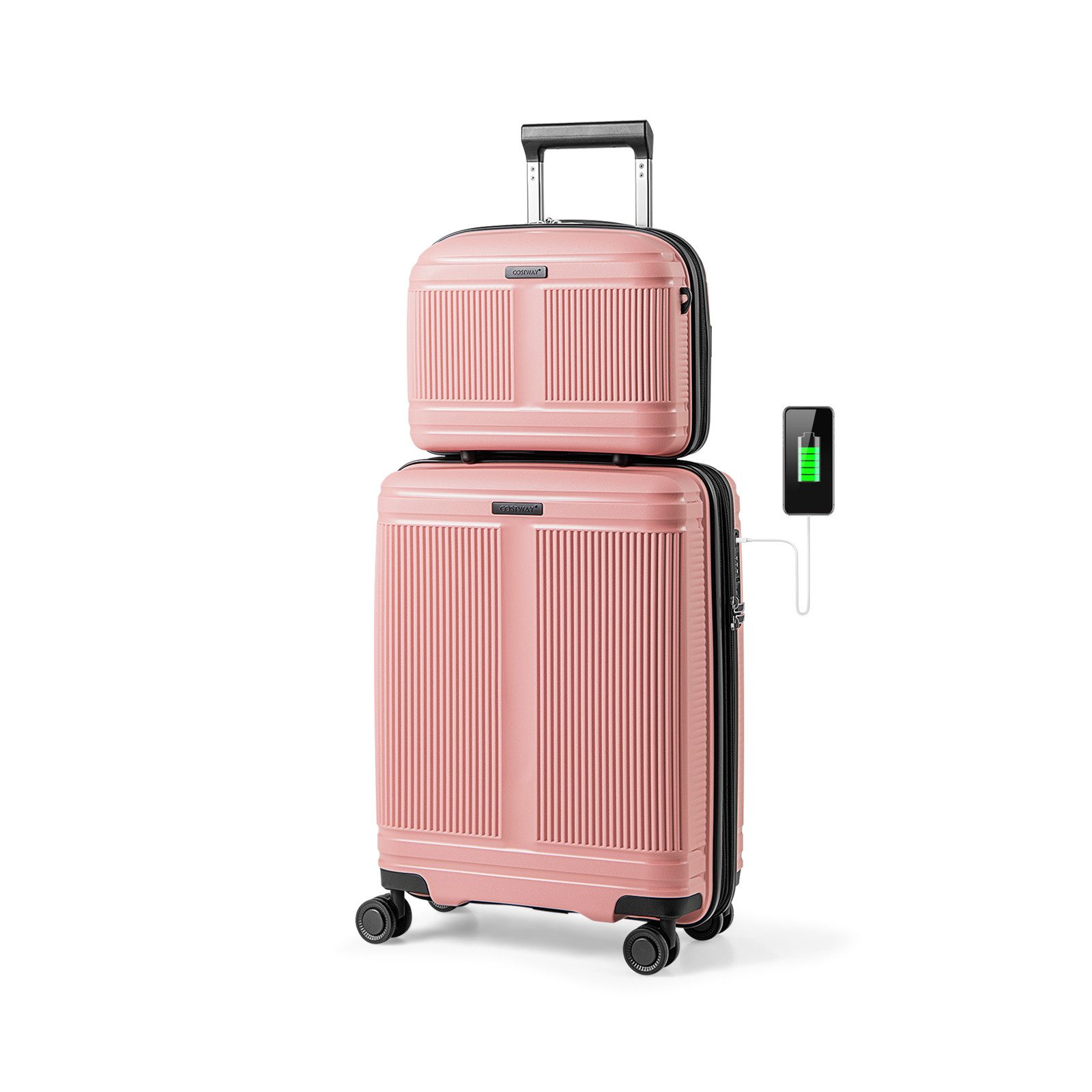 COSTWAY Hartschalen-Trolley 35L, 4 Rollen, Koffer Set erweiterbar mit USB
