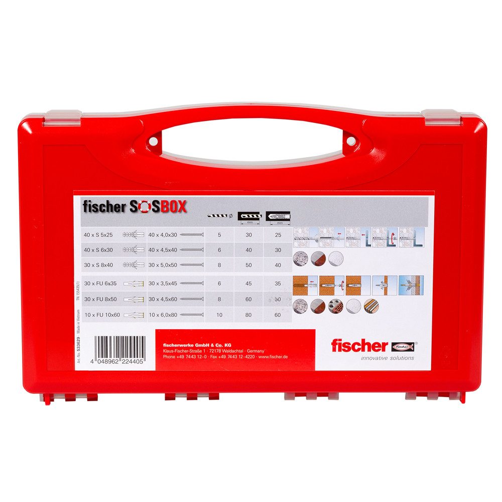 fischer Schrauben- und Dübel-Set SOSBOX Dübel S und FU mit Schrauben, 360 Teile, (360 St., S 5x25/6x30/8x40 je 40/40/30, FU 6x35/8x50/10x60 je 30/30/10)