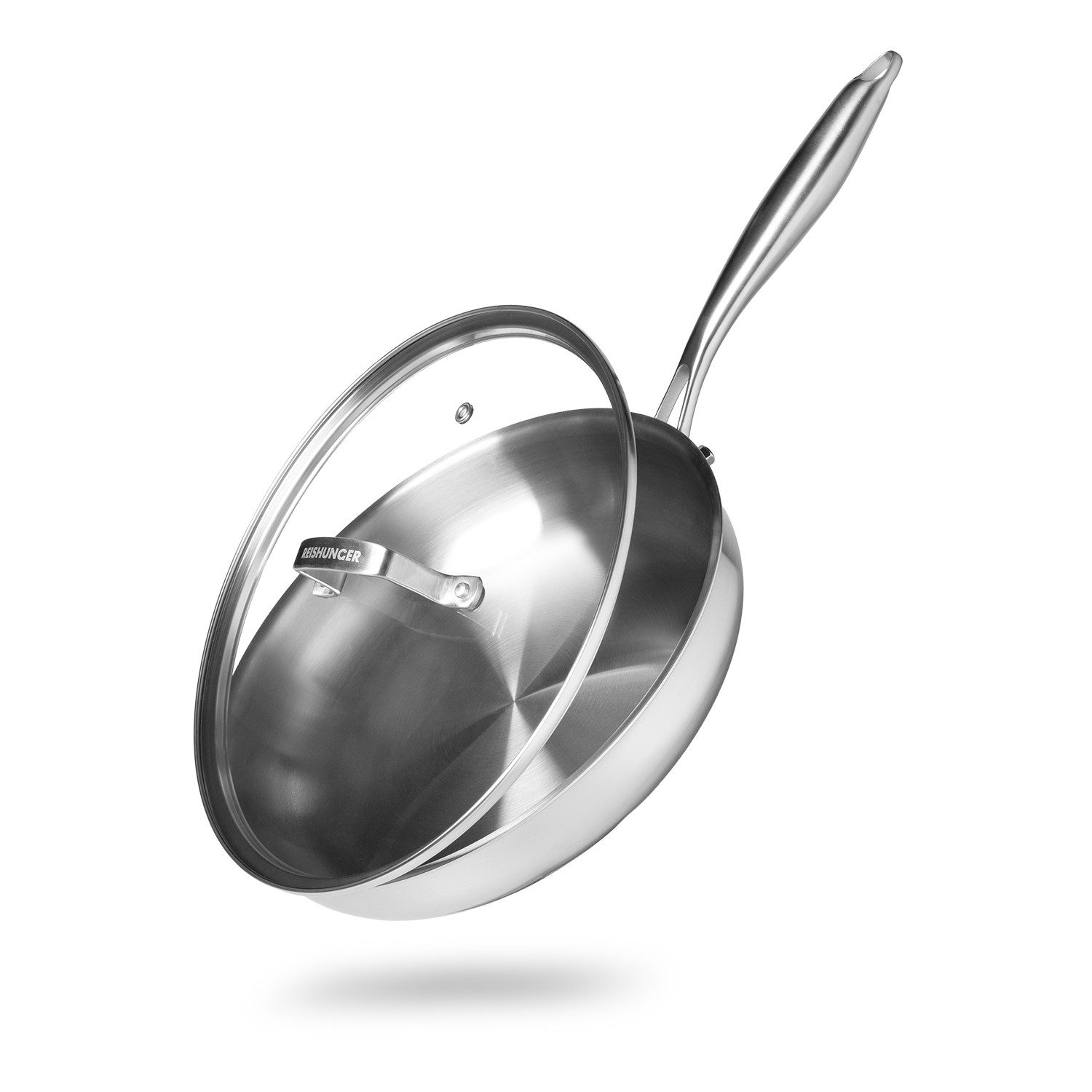 Reishunger Bratpfanne Edelstahlpfanne, Tri-Ply Boden, Unbeschichtet, Inkl. Deckel, Ofenfest bis 220 Grad, ⌀ 28 cm