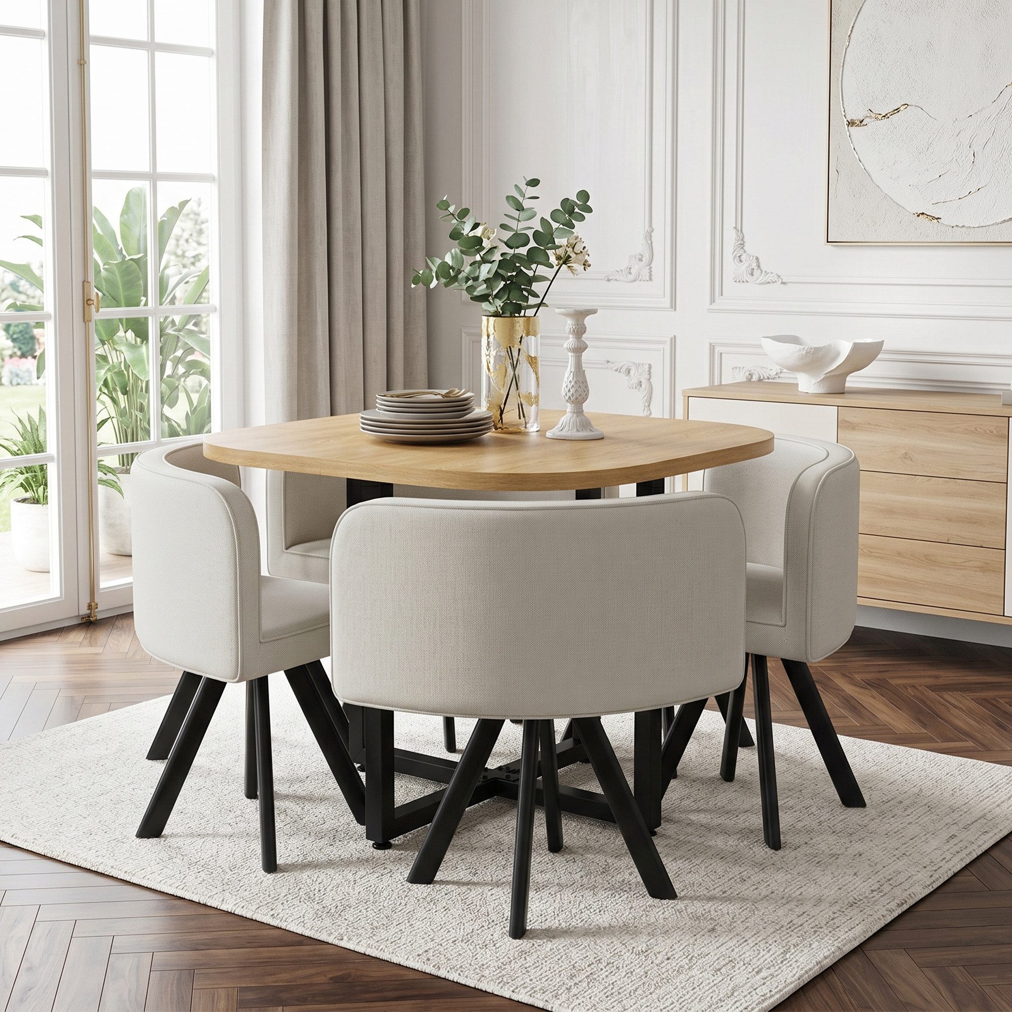 Flieks Essgruppe Esstisch mit 4 Stühlen, (Set, 5-tlg., Tisch mit 4 Stühlen), quadratisch Küchentisch in Eichenfarbe, Esszimmerstühle Leinen Beige