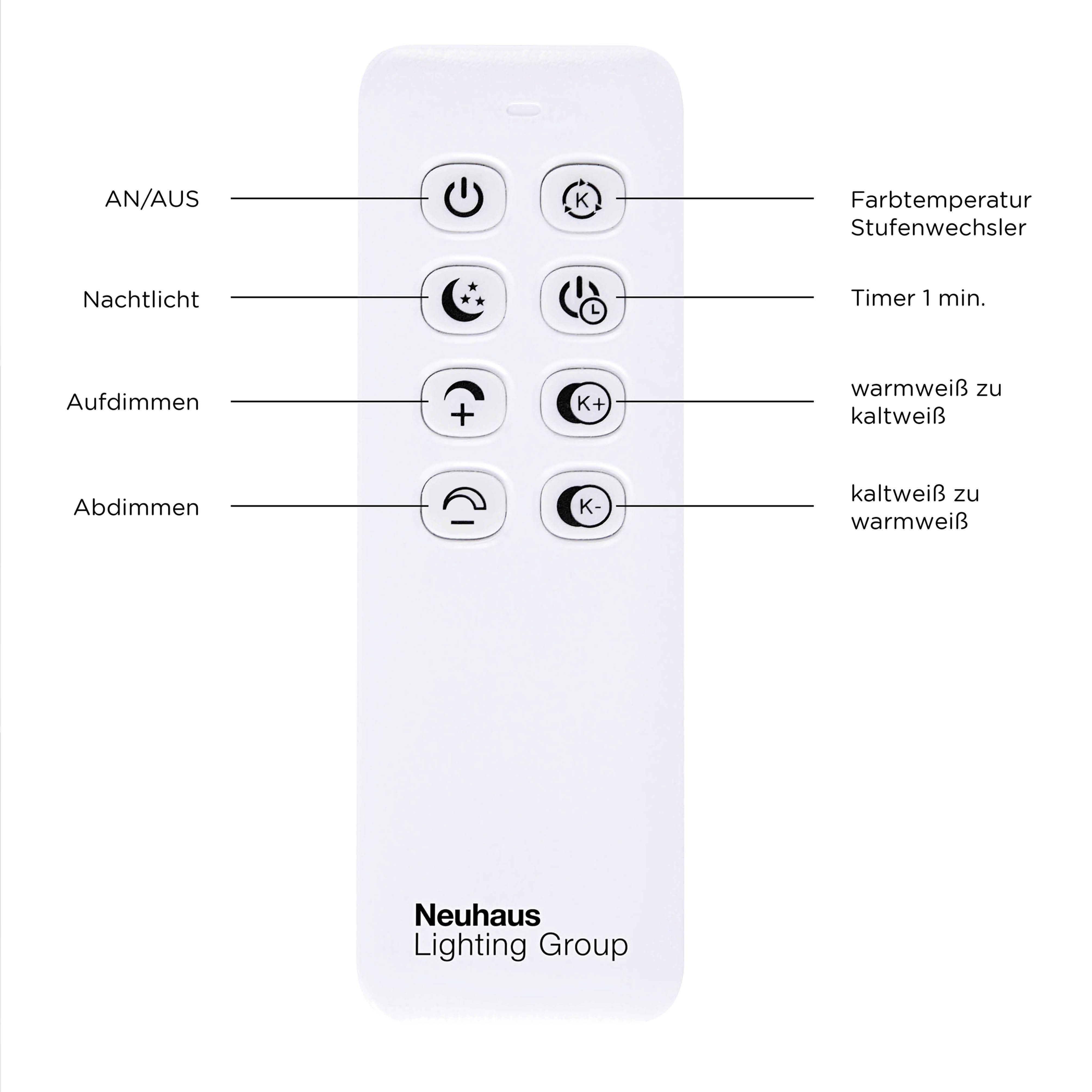 vom Neuhaus LED Fernbedienung, integriert, fest LED warmweiß - - kaltweiß, über inkl., Memory, Trennung Netz, Infrarot Deckenleuchte ALESSA, Fernbedienung, Paul LED CCT nach Dimmfunktion,