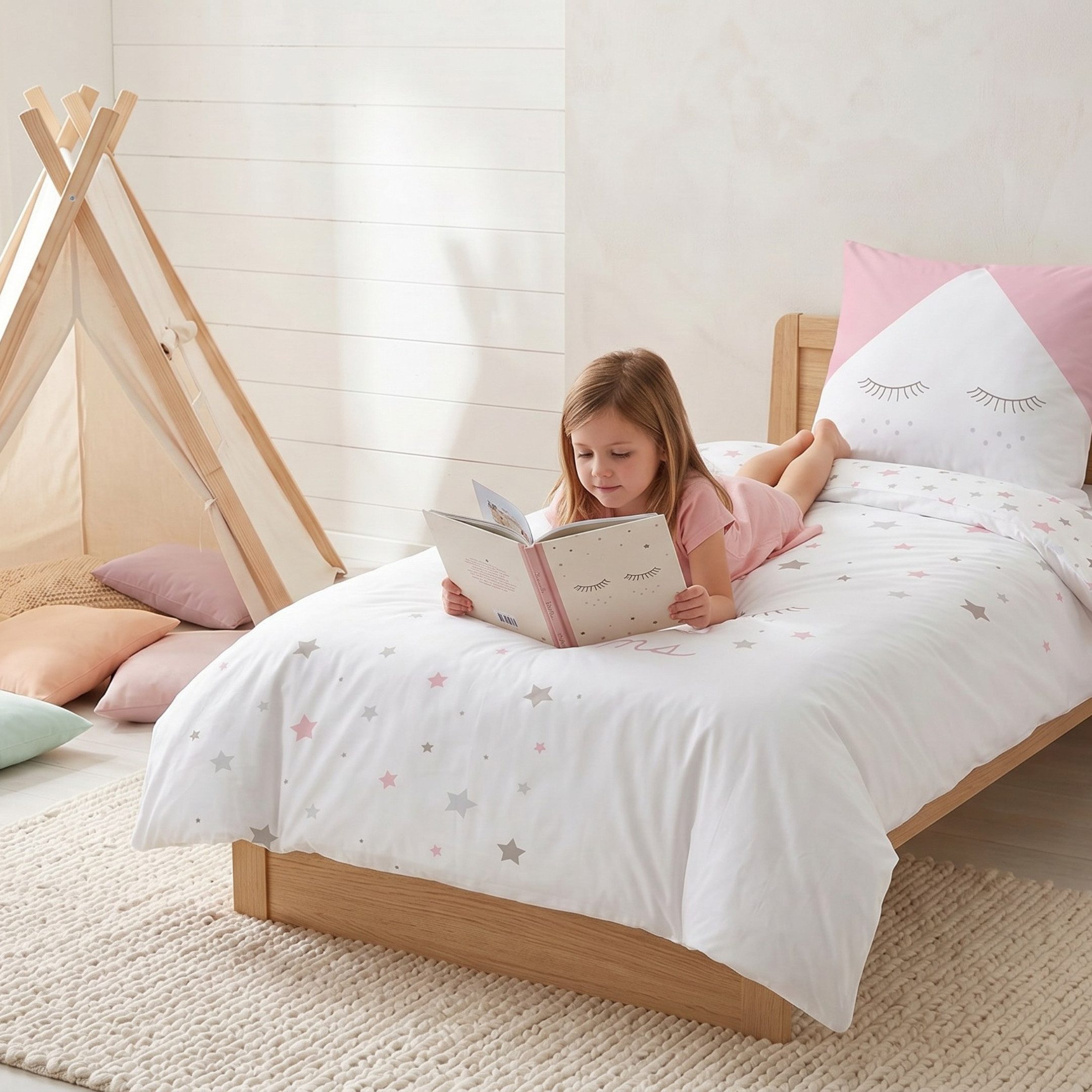 MTOnlinehandel Bettwäsche Sweet Dreams 135x200 + 80x80 cm, 100 % Baumwolle, Renforcé, 2 teilig, Sterne, Wimpern Bettwäsche in rosa & grau für Kinder und Erwachsene