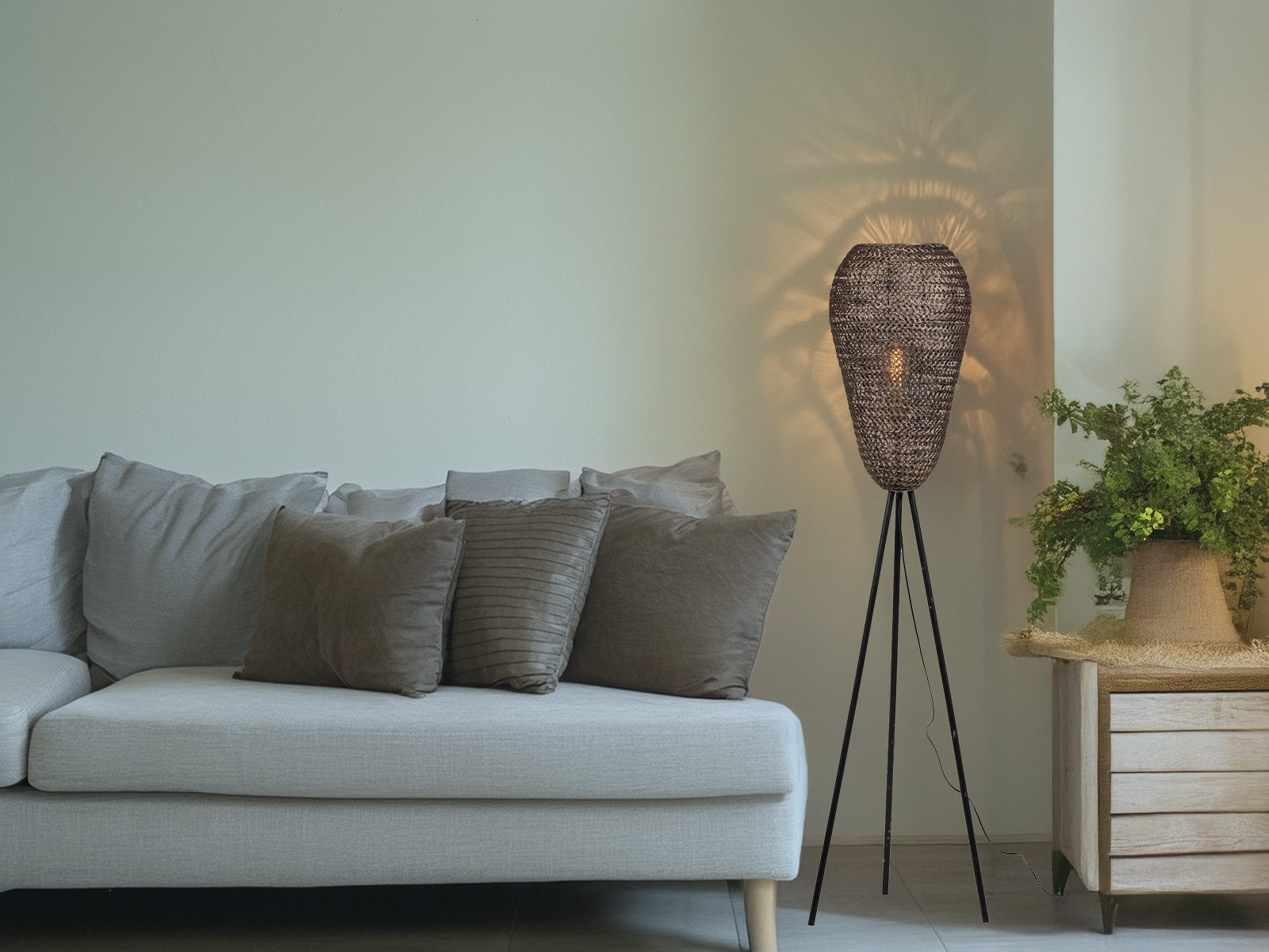TRIO Leuchten LED Pendelleuchte, Dimmfunktion, LED wechselbar, warmweiß, Ausgefallene Dreibein Tripod stehend besondere-r Lampenschirm, H 140cm