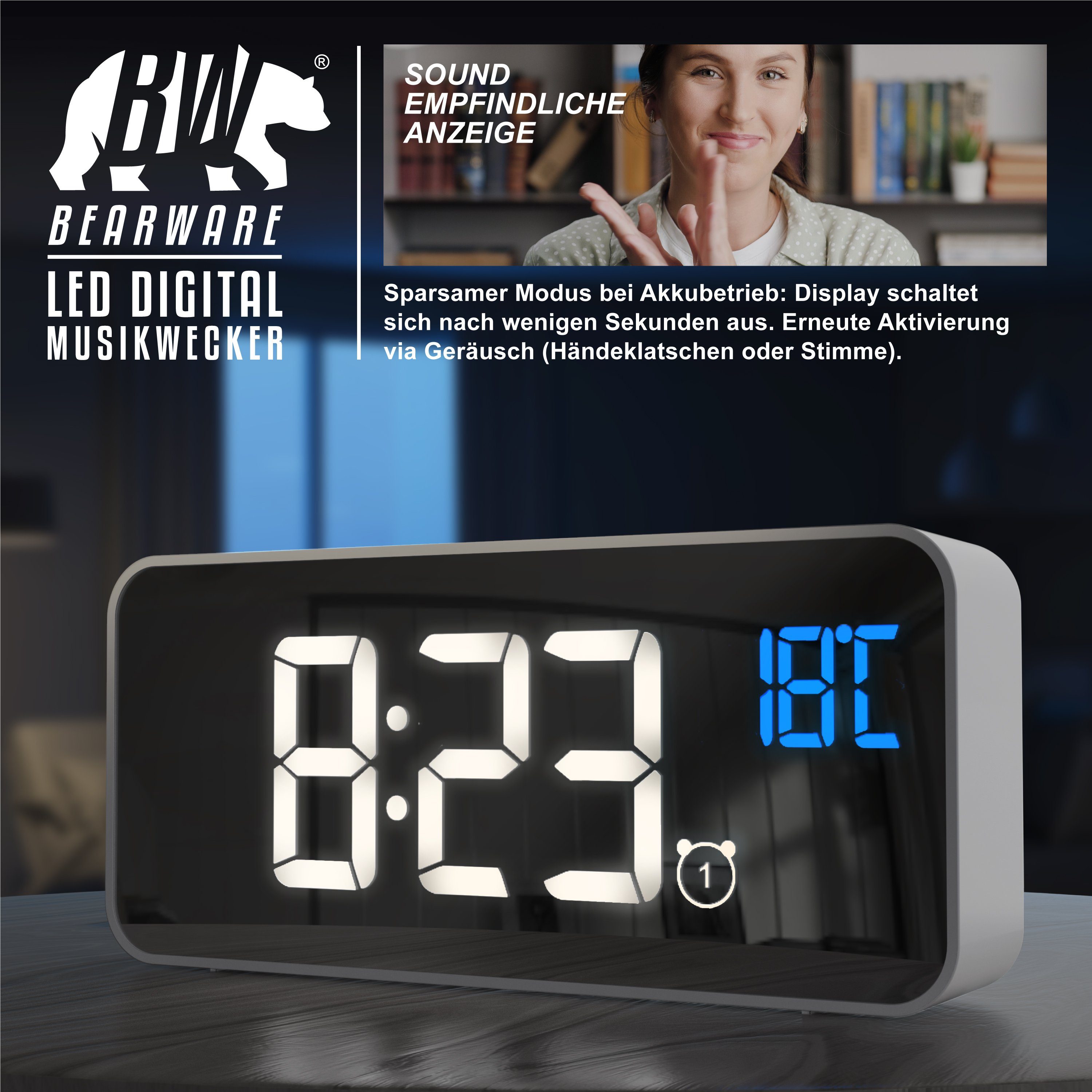 BEARWARE Wecker mit Netzteil & Akku, Musikwecker, Reisewecker mit Temperaturanzeige 13 Songs & Klingeltöne, 2 Alarme, Schlummerfunktion, dimmbar, 2200 mAh