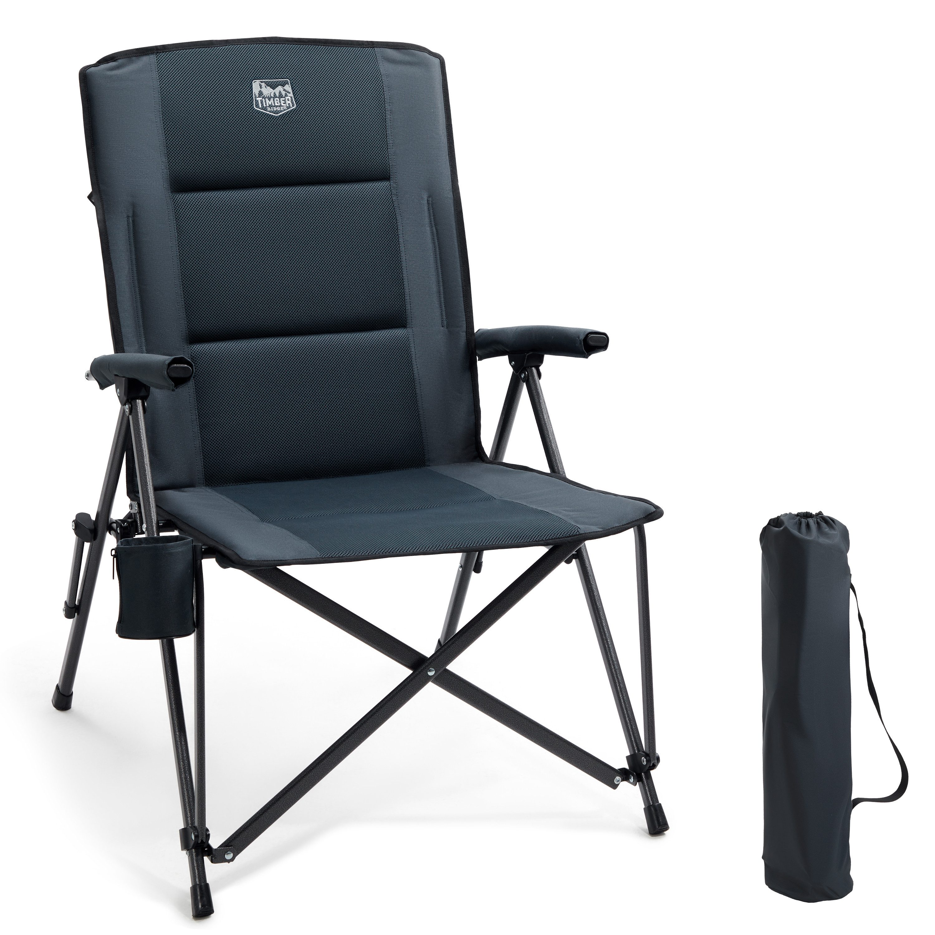 TIMBER RIDGE Campingstuhl Faltbar Breiter Sitz 55cm Leicht Klappstuhl 150kg Belastbar (1 St), 55×48×102cm, schwarz