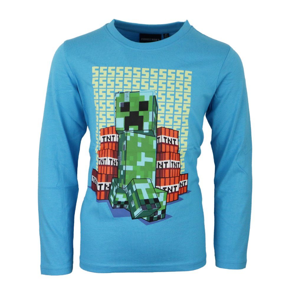 Minecraft Langarmshirt Creeper Kinder hellblaues langarm Shirt Gr. 116 bis 152, Baumwolle