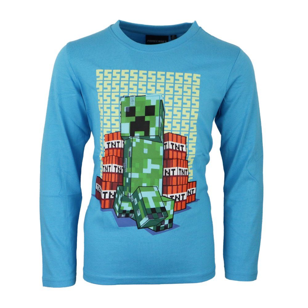 Minecraft Langarmshirt Minecraft Creeper Kinder hellblaues langarm Shirt Gr. 116 bis 152, Baumwolle