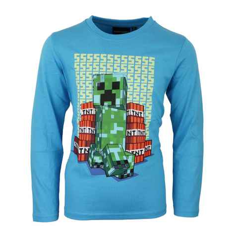 Minecraft Langarmshirt Creeper Kinder hellblaues langarm Shirt Gr. 116 bis 152, Baumwolle