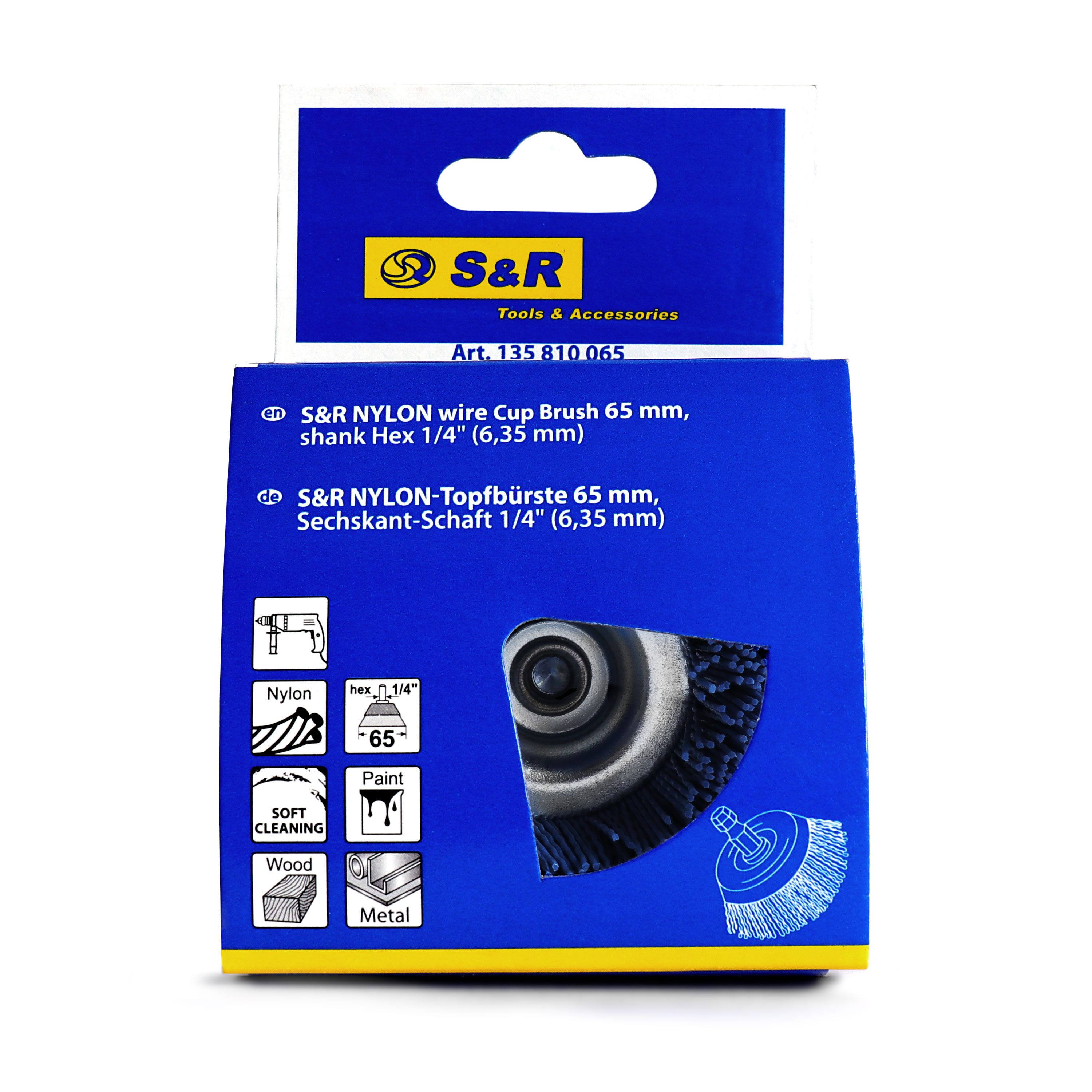 S&R Reinigungsbürste Topfbürste Nylon feinkörnig Ø 65mm Sechskant Schaft 1/4" (6,35 mm), (1-tlg), Bürste für Bohrmaschine, Drahtbürste mit Feinkörnigem Nylondraht