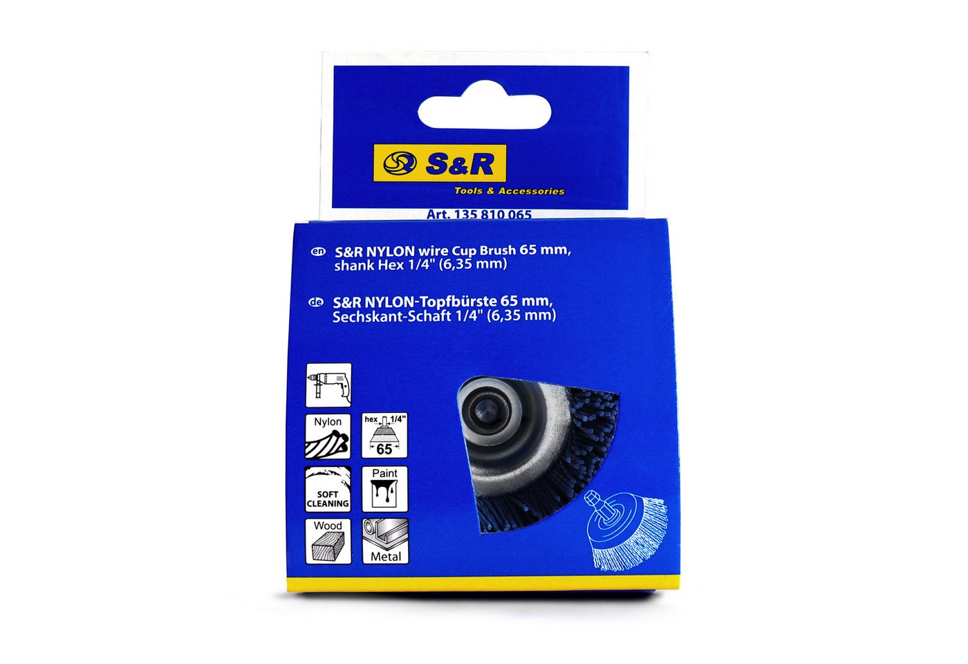Thumbnail - S&R Reinigungsbürste Topfbürste Nylon feinkörnig Ø 65mm Sechskant Schaft 1/4" (6,35 mm), (1-tlg), Bürste für Bohrmaschin...
