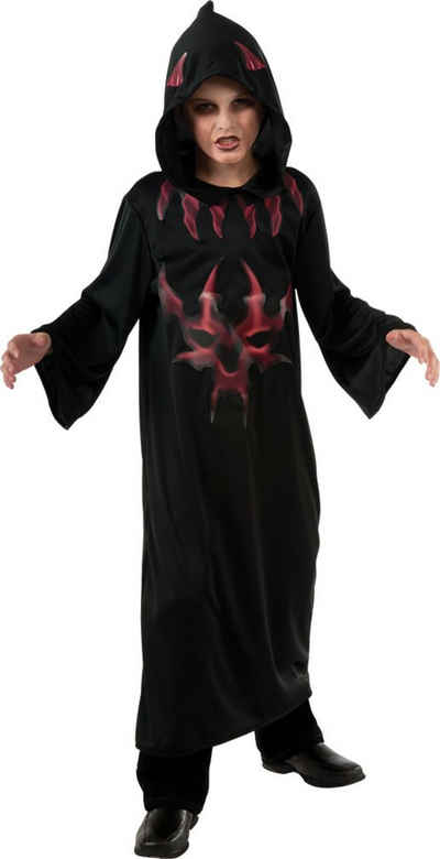 Karneval-Klamotten Teufel-Kostüm Kinder schwarzes Gewand mit Aufdruck, Halloween Kapuzenumhang schwarz mit Teufel Aufdruck