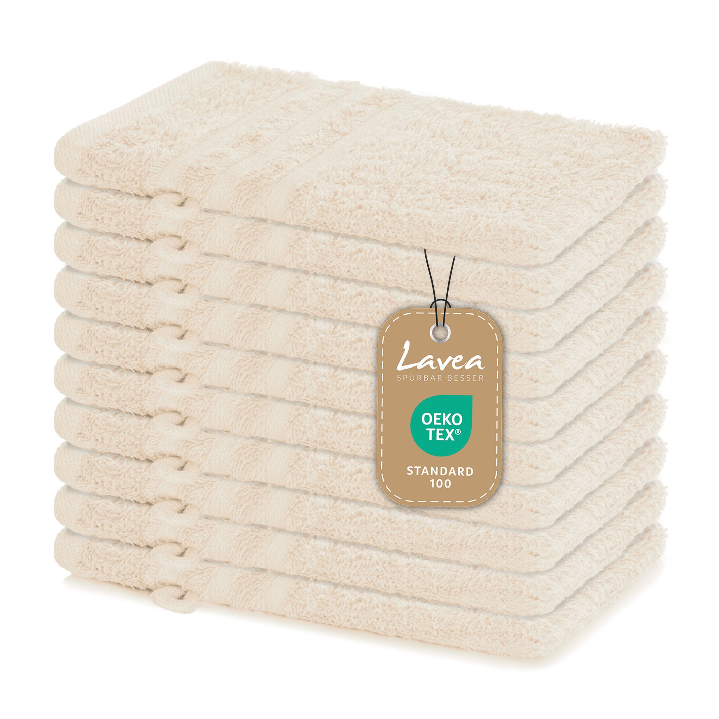 Lavea Waschhandschuh 10er Set Waschhandschuhe, 15 x 21 cm, Elena-Frottierserie, Waschlappen, 100% Baumwolle (10er Set), 500 g/m² Frottier, weich & saugstark, pflegeleicht