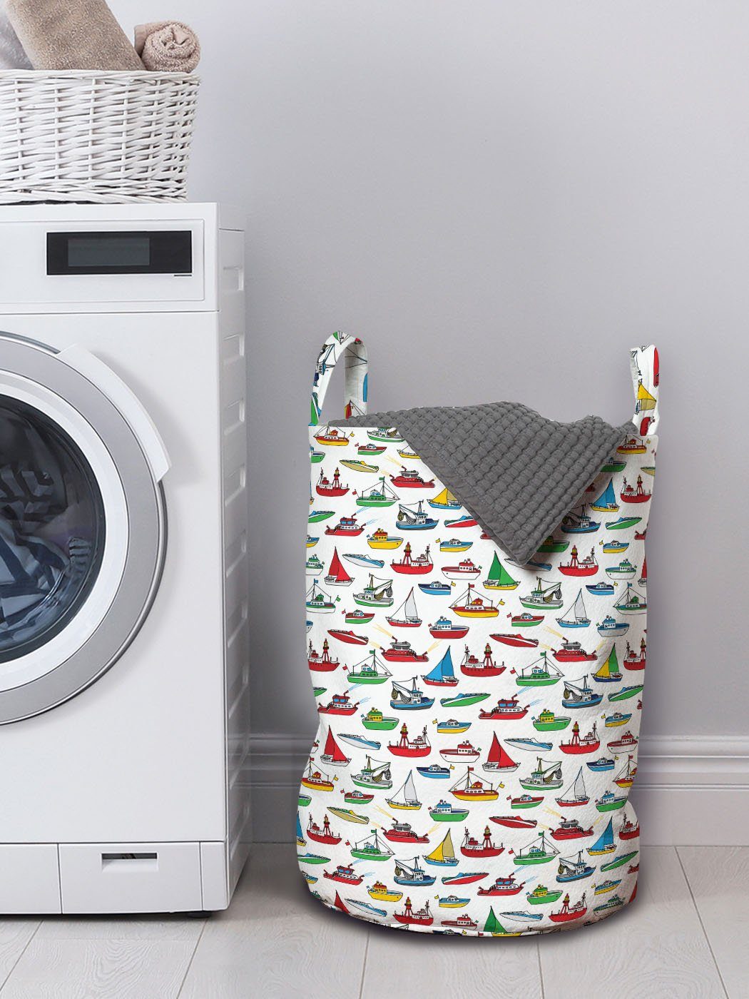 Kordelzugverschluss Wäschesäckchen Cartoon Waschsalons, mit Wäschekorb für Kind Griffen Abakuhaus Fischerboote