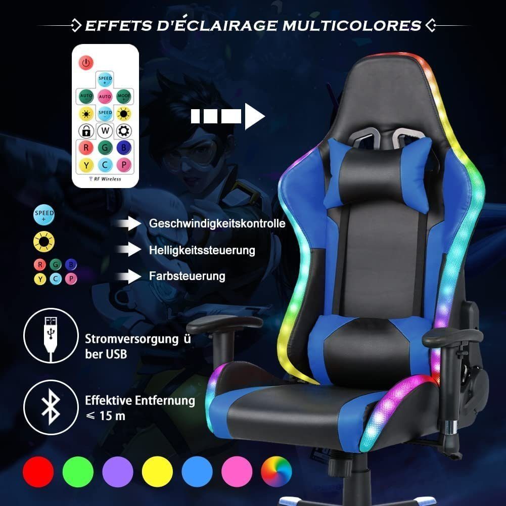 Chair Hoher ergonomischer Gaming LED-Leuchten Gaming Blau Lautsprechern Stuhl HomeMiYN Bürostuhl