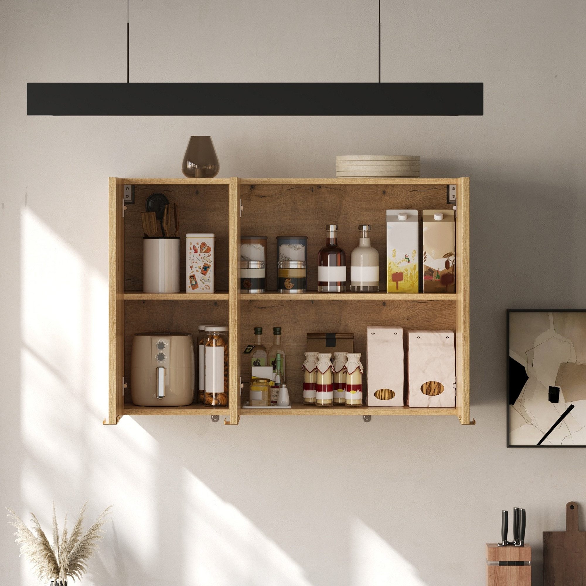 Flieks Hängeschrank Küchenschrank mit 3 Türen Wandschrank für Wohnzimmer, Badezimmer (B90×T29×T60 cm, 1-St) multifunktionaler Badkommode Wandmontage Mehrzweckschrank Natur