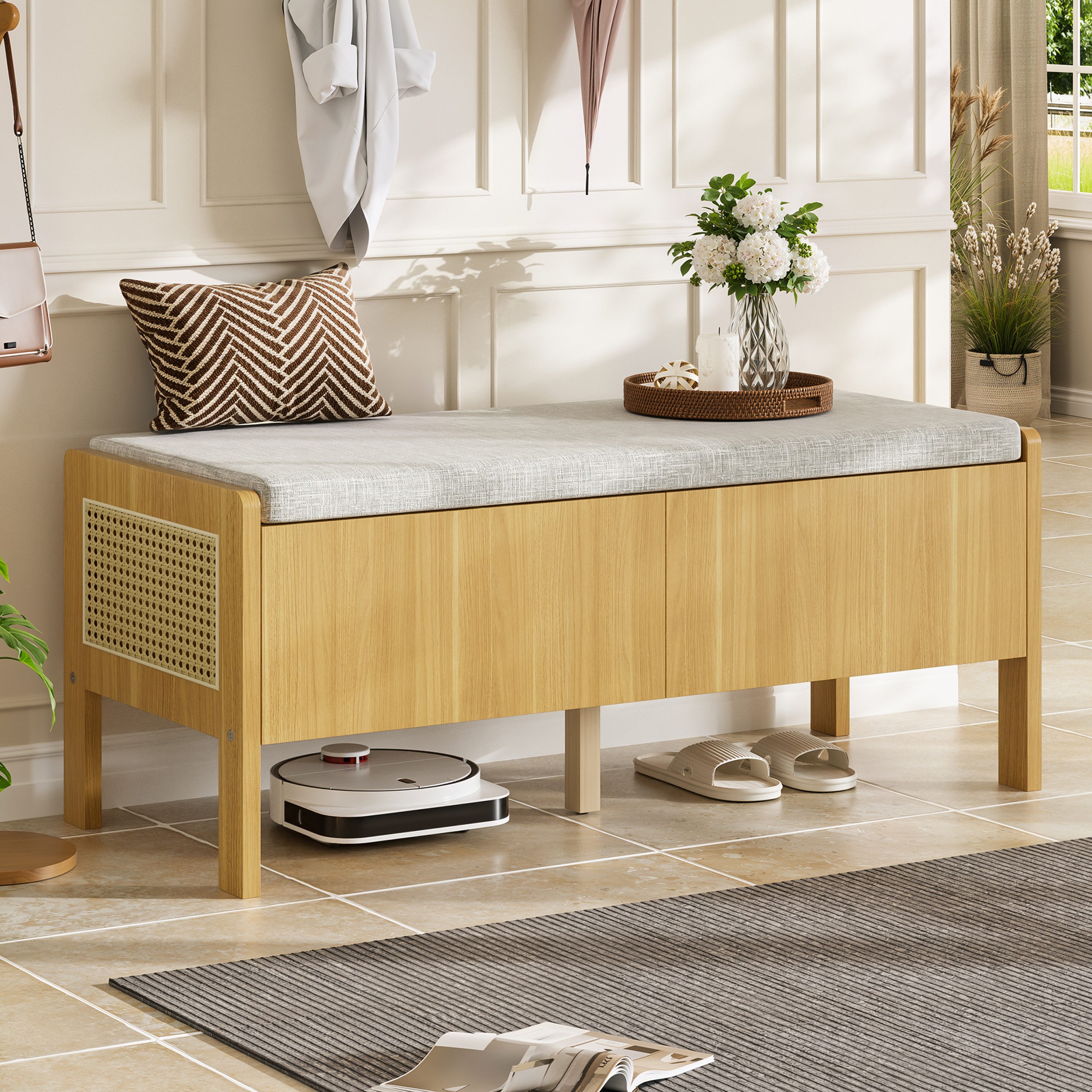 HAUSS SPOLE Schuhbank Aufbewahrungsbank mit Rattan-Geflecht,Sitzschrank 2 Schubladen,Natur (Sitzbank mit integriertem Stauraum und Rattan-Seitenelementen im modernen Wohnstil für vielseitige Nutzung), Maße: 113×45,5×40cm