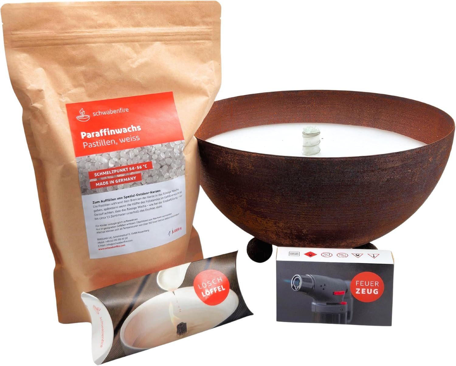 Schwabenfire Outdoorkerze Edelrost Schale 20cm mit Dauerdocht im XL Sparset mit Jet Feuerzeug