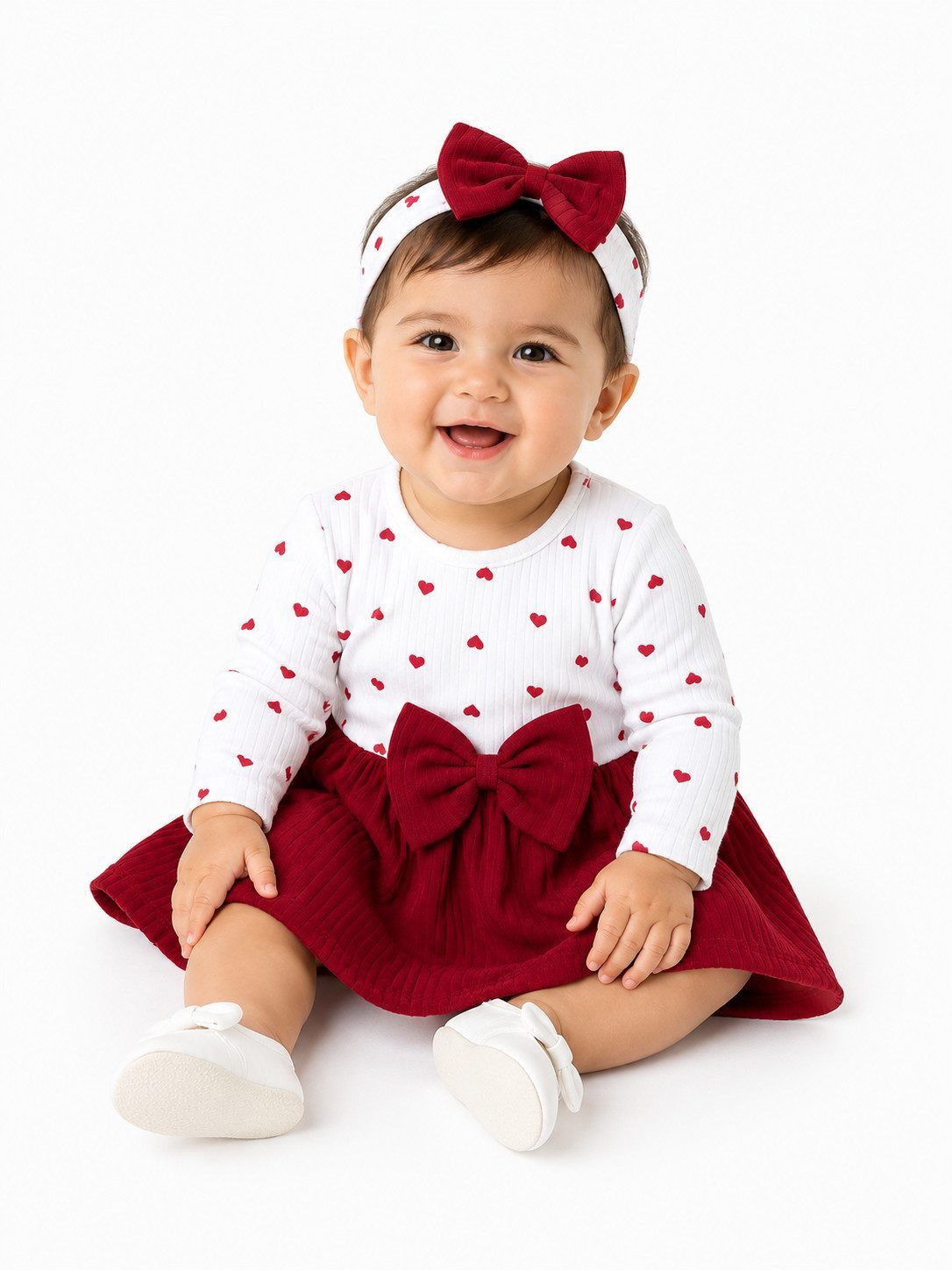 Lorey Medtec Kleid & Haarband Baby Mädchen Kleid, Stirnband, Rot/Weiß mit Herzmuster, 100% Baumwolle (Kleid + Stirnband)