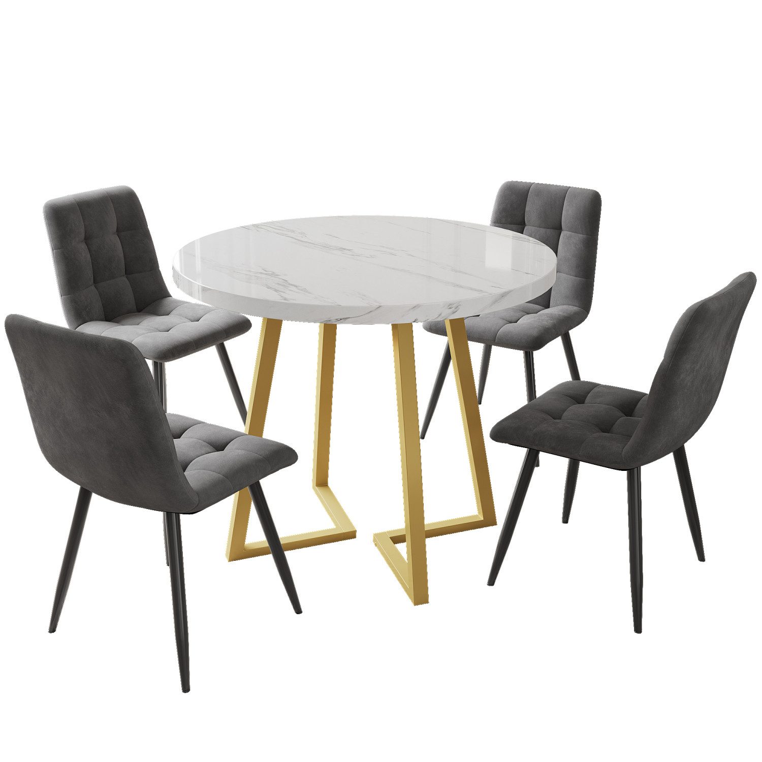 Flieks Essgruppe, (Sitzgruppe Set, Metallbeine, 5-tlg., 1 Tisch mit 4 Stühlen), runder Esstisch mit 4 Stühlen Set Küchetisch Esszimmerstuhl Samt