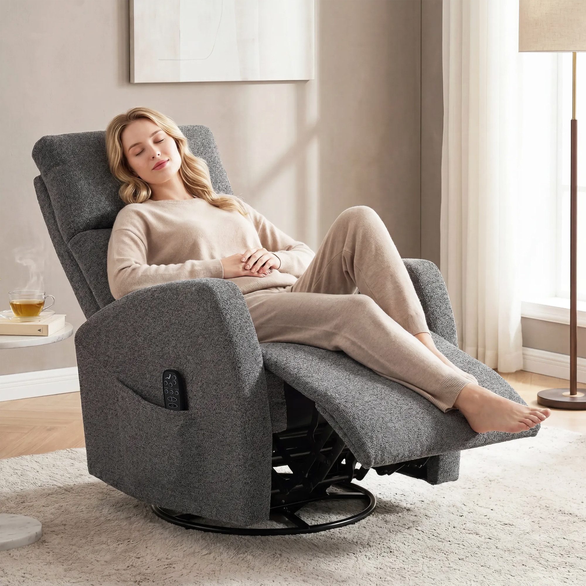 HOMCOM Massagesessel Fernsehsessel mit Liegefunktion, Wippfunktion, TV-Sessel (Drehbarer Relaxsessel, 1-St., Relaxsessel), mit Chenille-Optik für Wohnzimmer Dunkelgrau