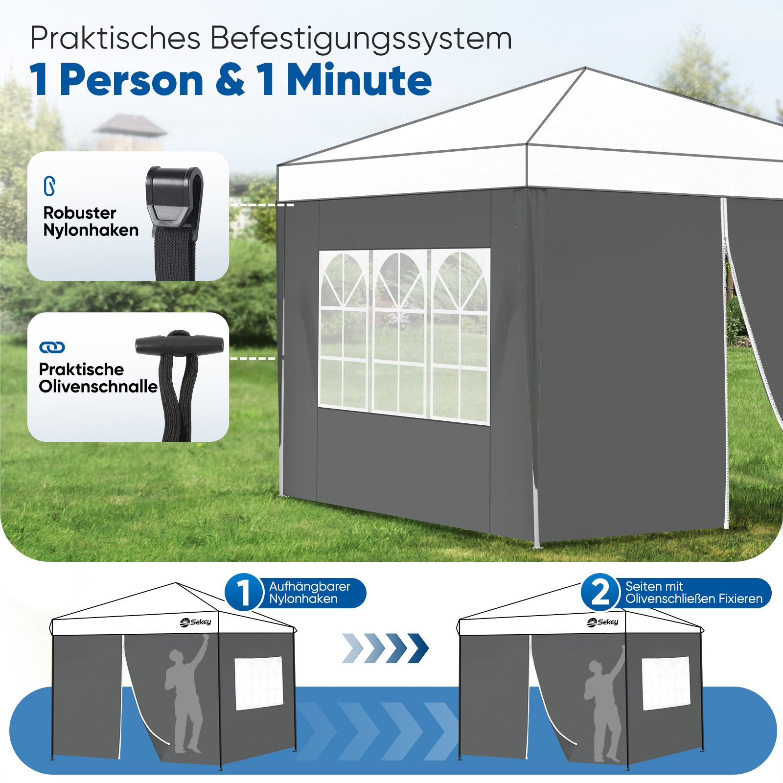 Sekey Pavillonseitenteil 2er Set Pavillon Seitenteile Seitenwand für Faltpavillon 300 x 300 cm, Mit Reißverschluss, mit Fenster / auch für 300 x 600 cm, 300 x 900 cm