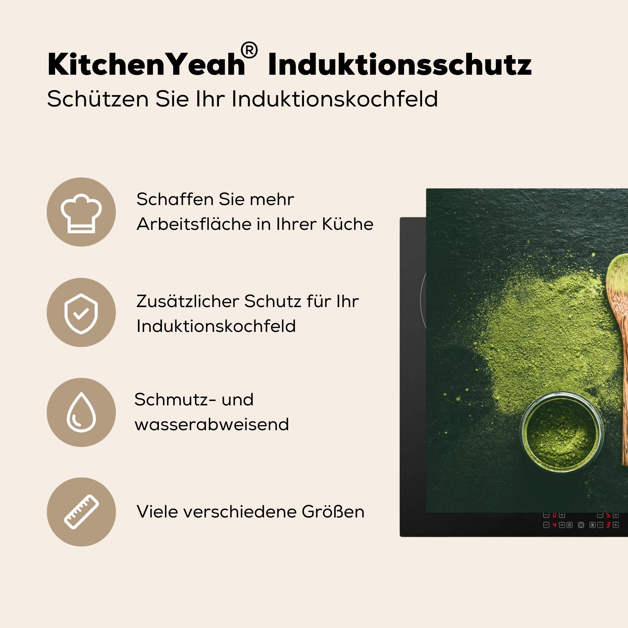 Grünes auf 78x78 (1 Vinyl, Arbeitsplatte Matcha-Pulver grünem Ceranfeldabdeckung, Herdblende-/Abdeckplatte tlg), küche für MuchoWow cm, Hintergrund,