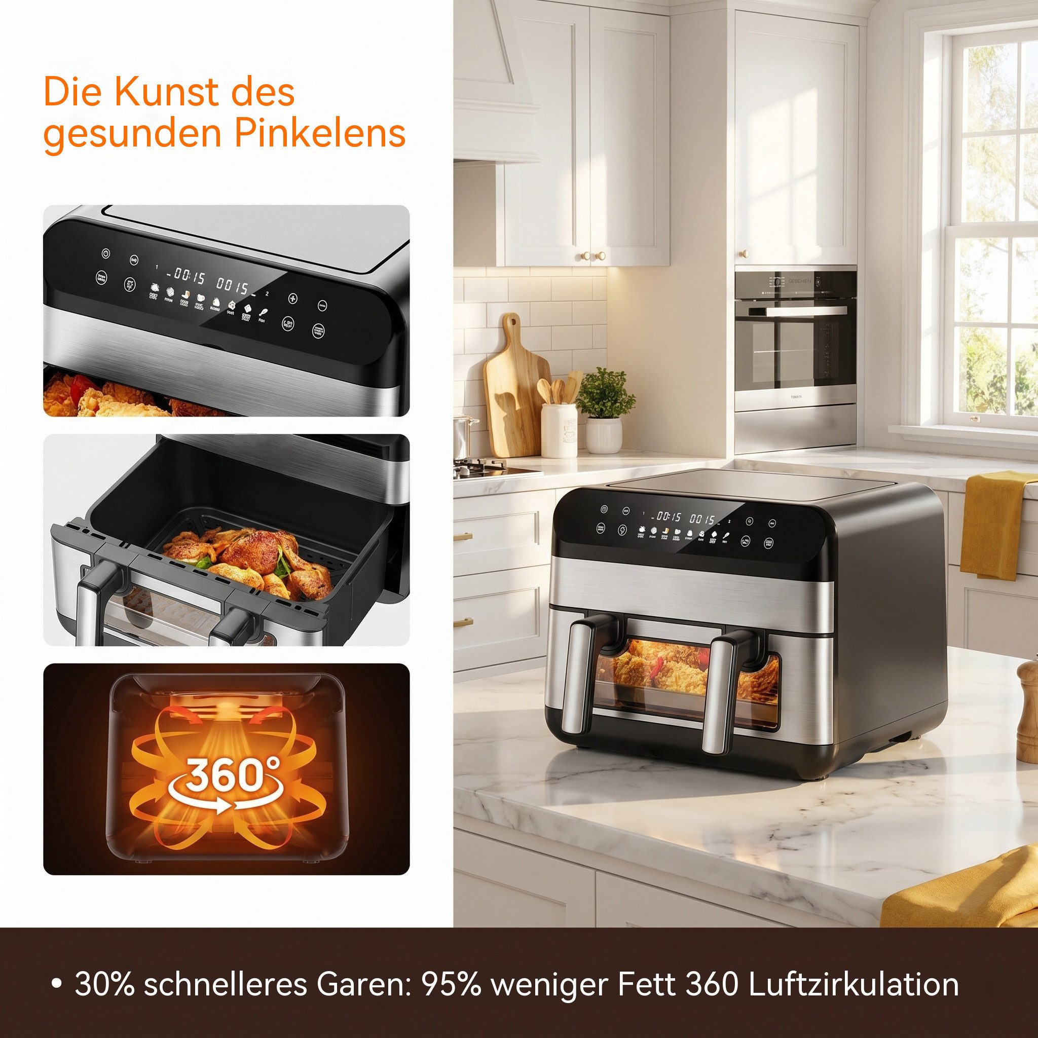 oyajia Heißluftfritteuse Heißluftfritteuse 11L 2 Kammern mit 40 Backpapier – 2800W Airfryer, 8-in-1 Air Fryer mit Sichtfenster und Innenlicht, Einzel oder Doppelkammer, Groß für 4–7 Personen, 2800,00 W, Backofen, Dörrautomat, Grill, Warmhalten&Auftauen