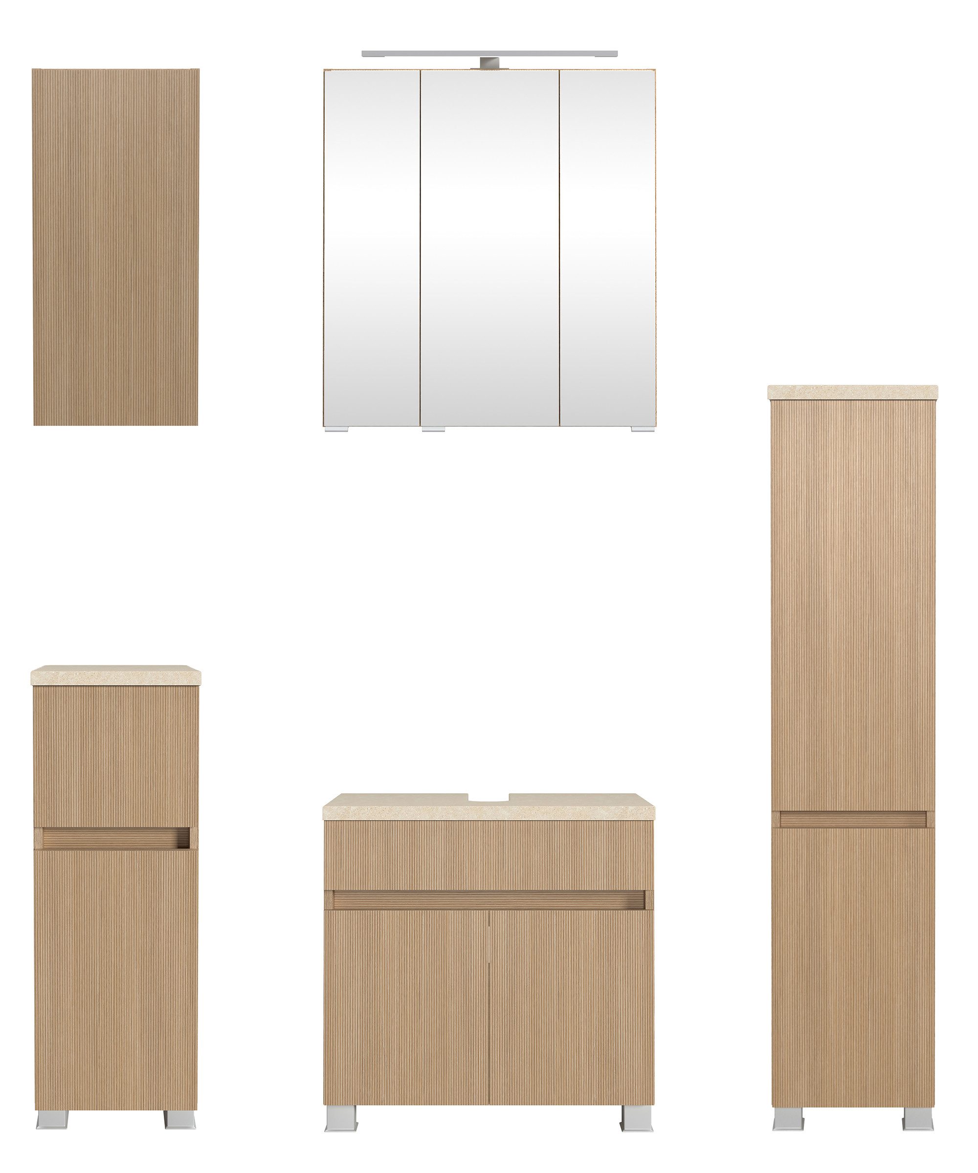 welltime Badmöbel-Set EIXO, 5tlg.-Set: Spiegelschrank, Unterbeckenschrank und Beimöbel, Set 120 cm breit, Badmöbel mit LED-Beleuchtung