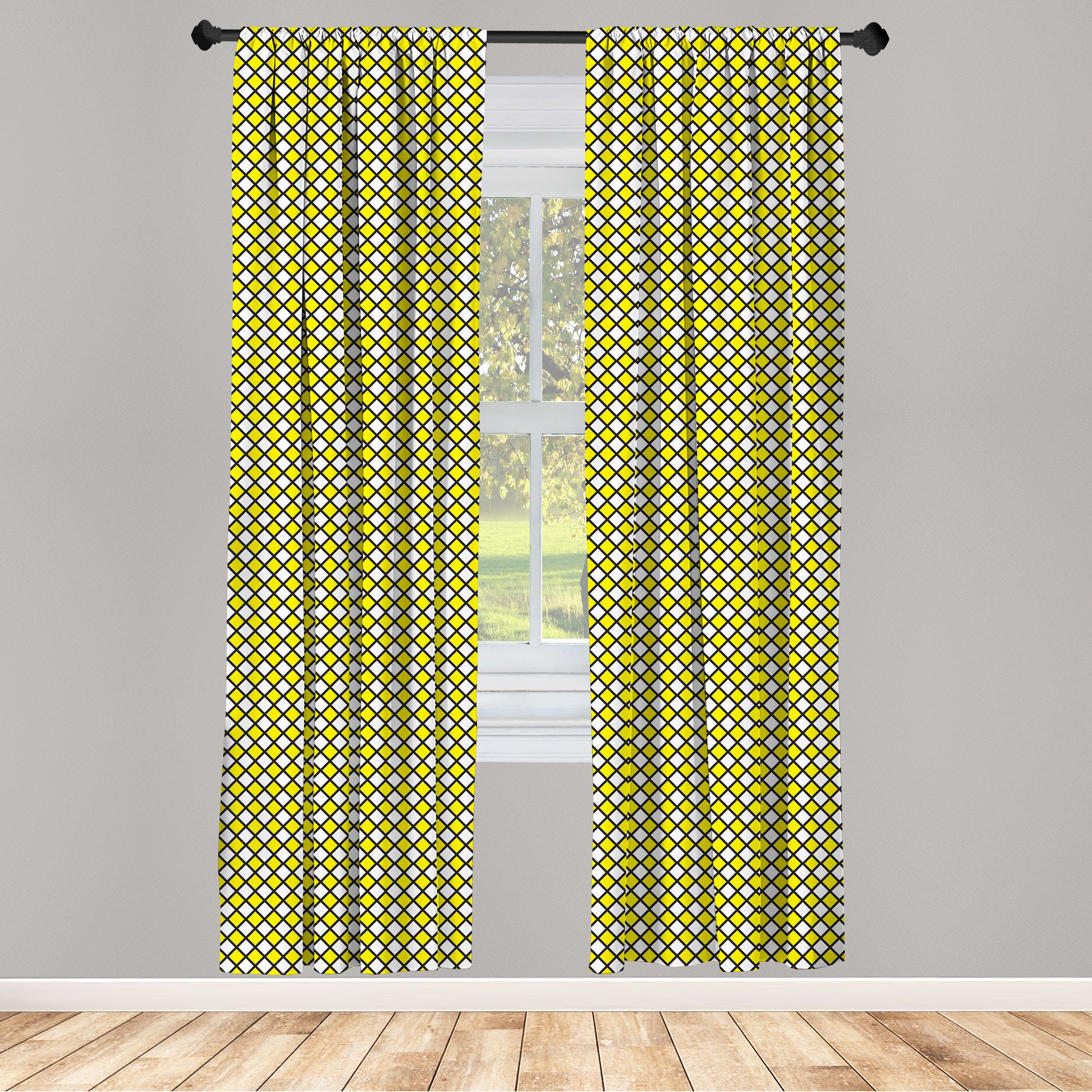 Gardine Vorhang für Wohnzimmer Schlafzimmer Dekor, Abakuhaus, Microfaser, Gelb und Weiß geometrische Alt | Fertiggardinen