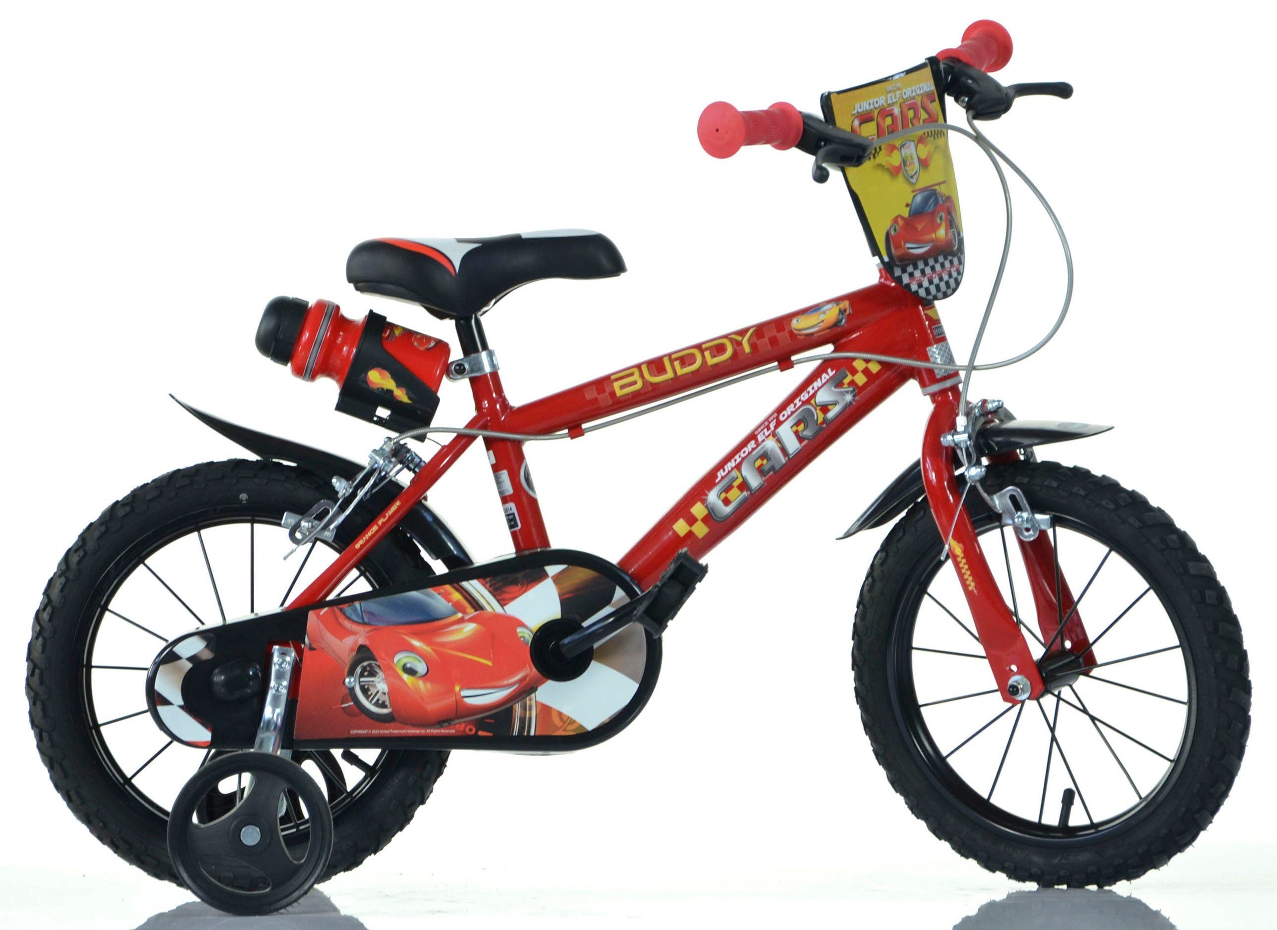 Dino Kinderfahrrad Cars Buddy, mit 1 Frontschild Stützrädern, Trinkflasche Gang, und